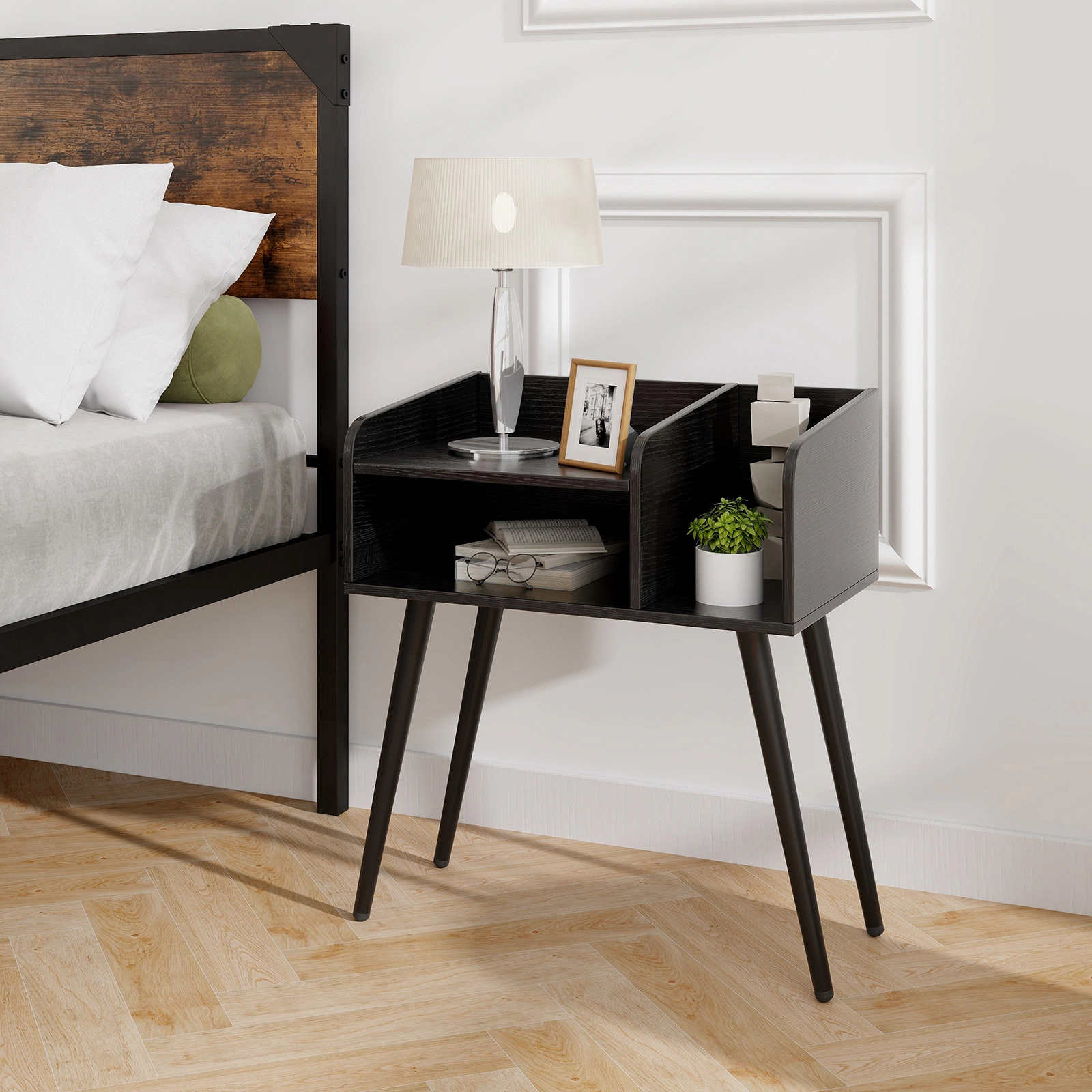 Glintex Mid-Century Nightstand with Divided Open Shelves and 14.5-Inch Leg Clearance