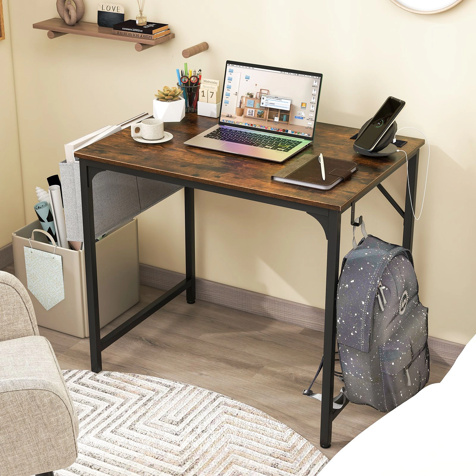 SlickBlue Unisex Compact Office Desk with Charging Station and Storage