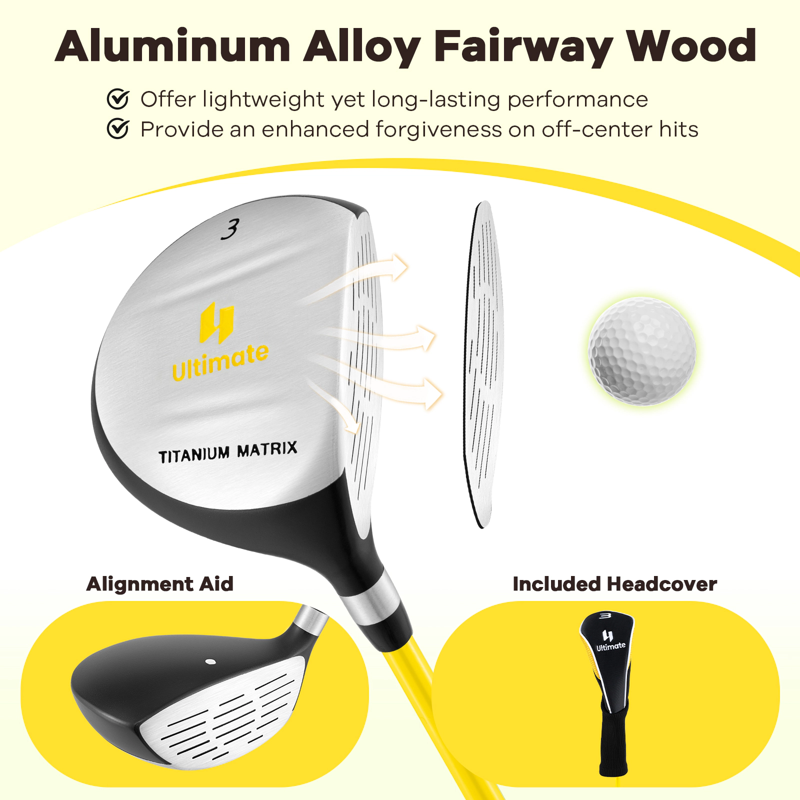 LJG 34 Inch 165CC Junior #3 Fairway Wood Golf Club with Fiberglass Shaft for Kids Ages 8-10