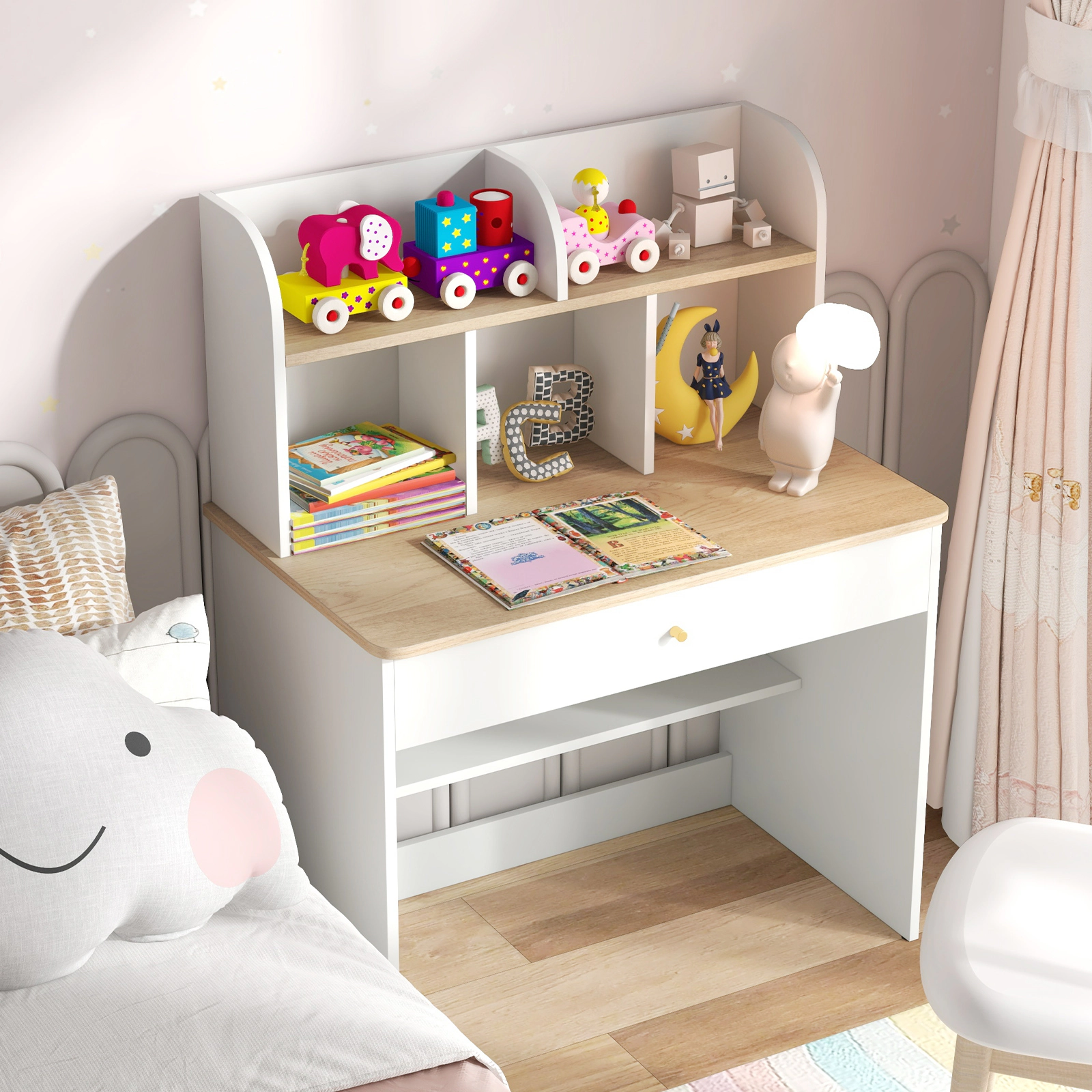 Hivvago Kids Wooden Study Desk Writing Table With Hutch And Drawer