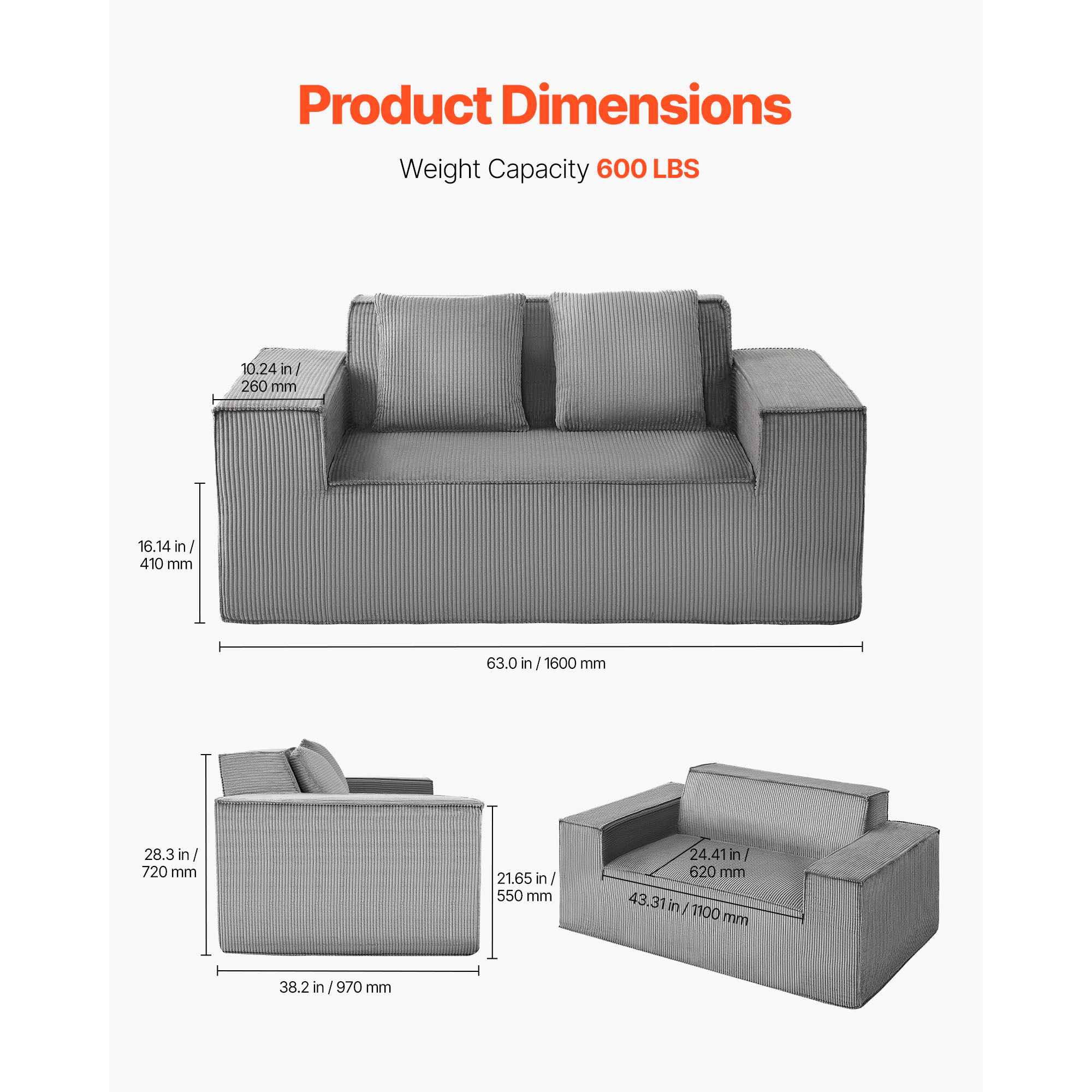 HONGGE 63-Inch Corduroy Loveseat Sofa, 2-Seat Small Couch with Pocket Springs for Living Room or Apartment, Gray