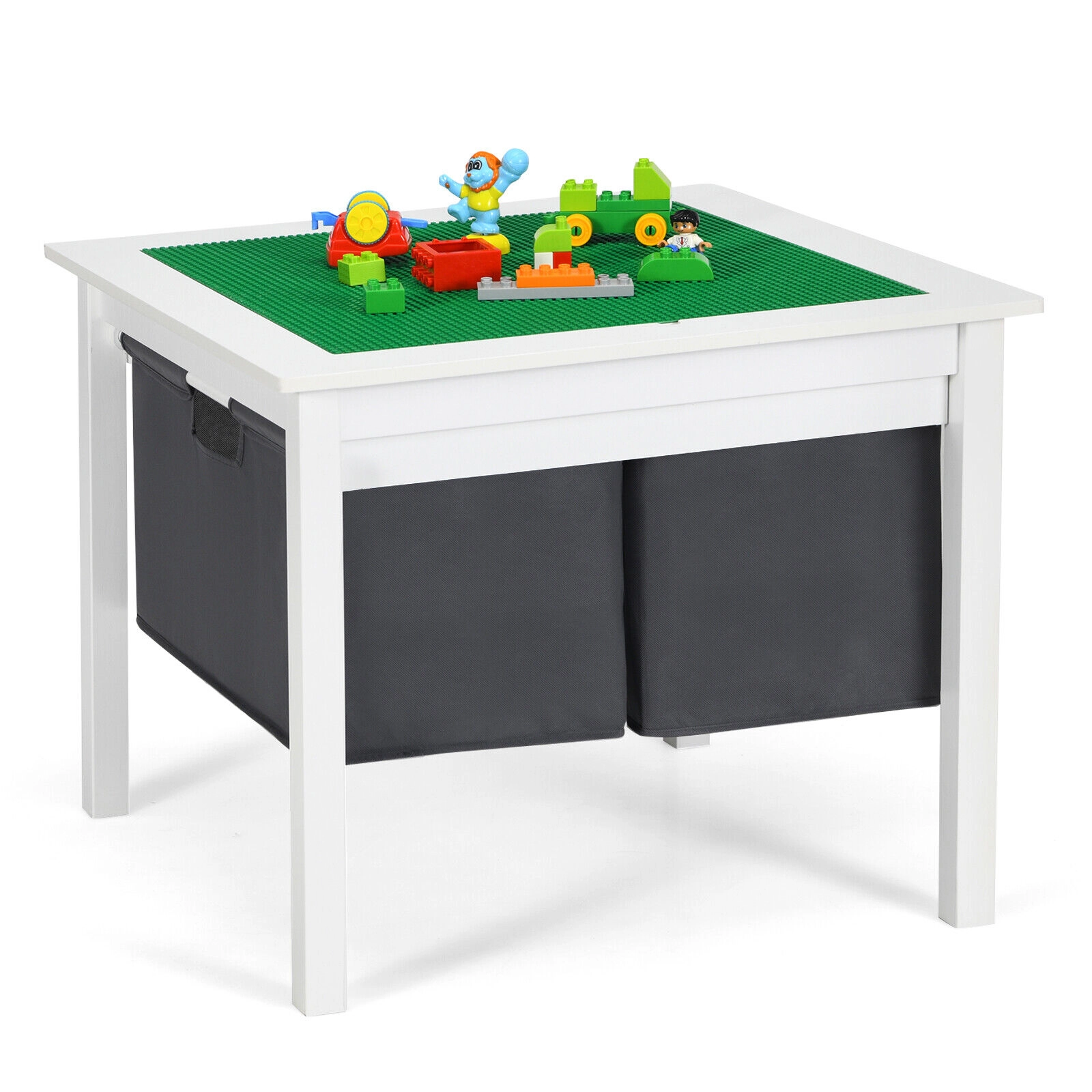 SUGIFT White 2 Fabric Drawers Kids 2-in-1 Double-Sided Activity Building Block Table