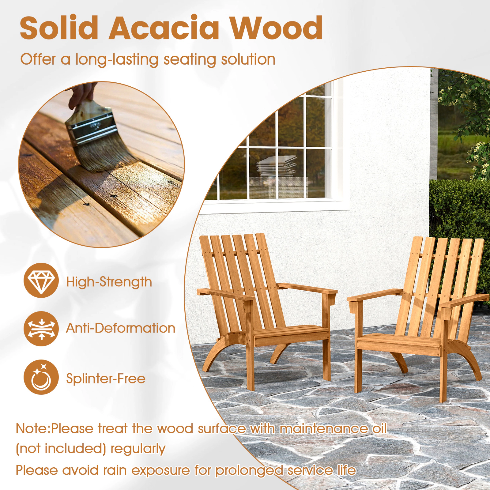 Hivvago Outdoor Acacia Wood Adirondack Chair with Slanted Seat and Tall Backrest for Patio or Porch