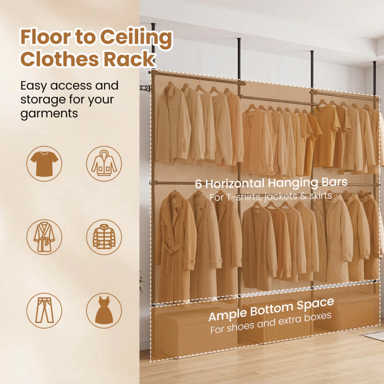 Hivvago Adjustable Floor to Ceiling Clothes Rack with 6 Hanging Rods