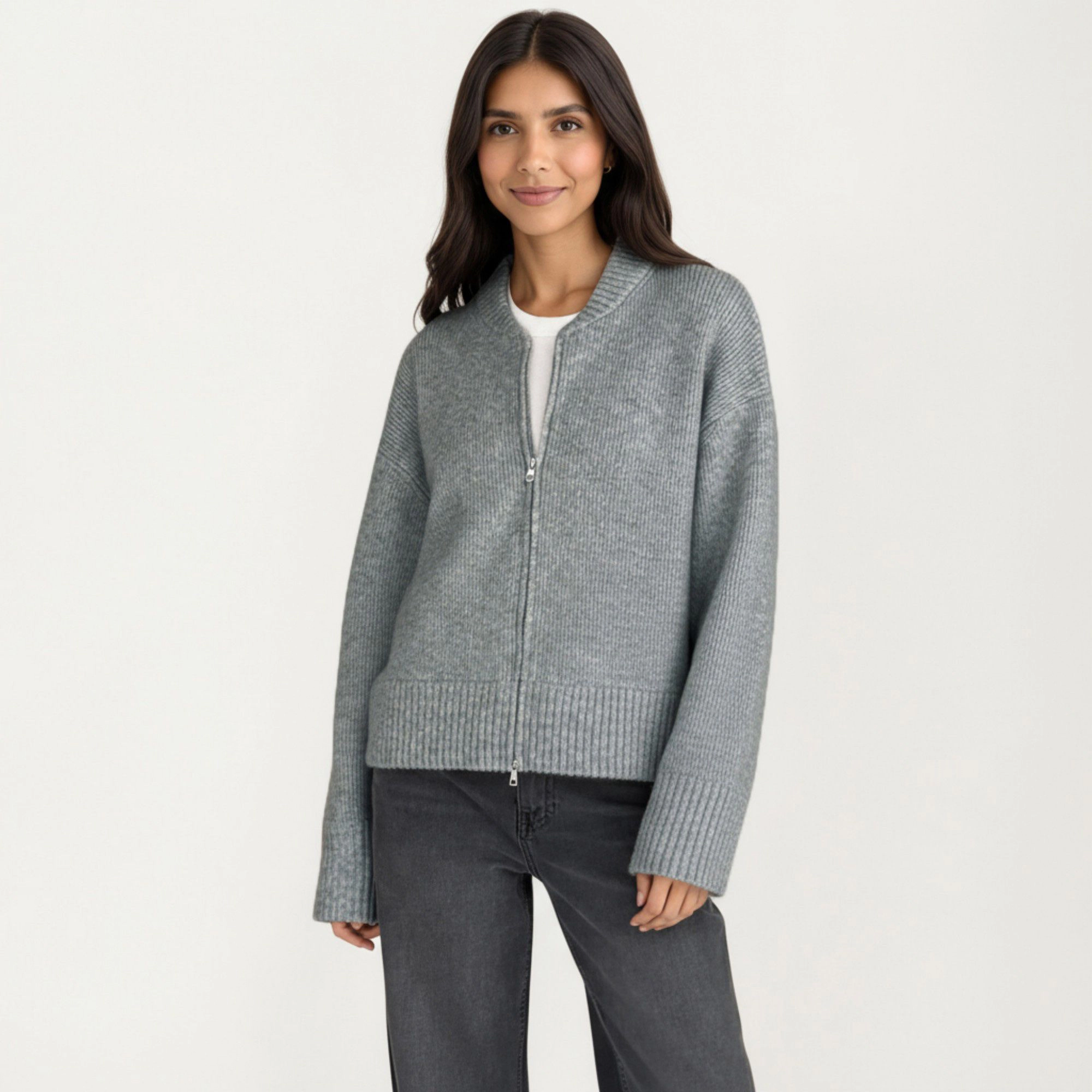 Anna-Kaci Women's Zip Front Rib Knit Pullover Top with Structured Cuffs and Textured Hem for a Clean Modern Finish
