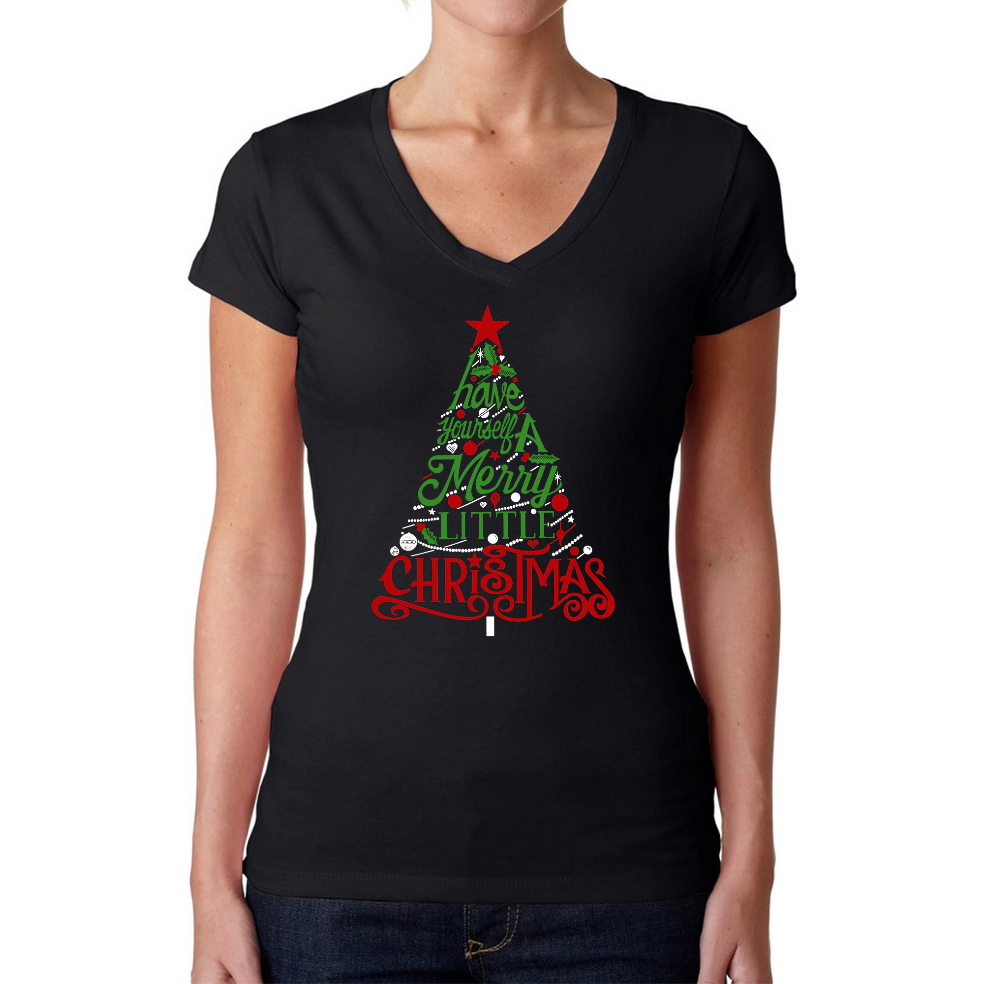 LA Pop Art Womens Word V-Neck T-Shirt - Have Yourself A Merry Little Christmas