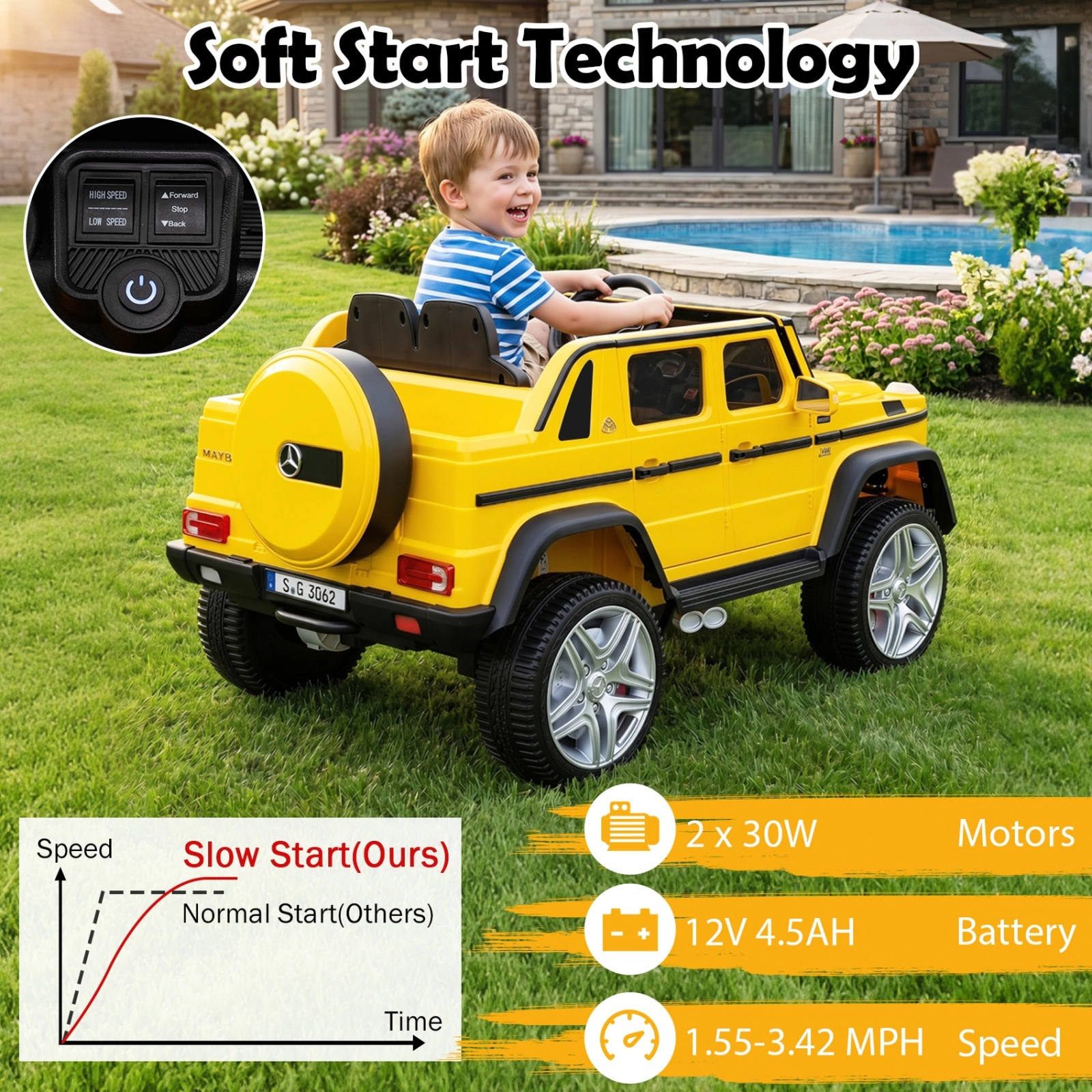 12V Kids Ride On Car Parent Remote Lockable Openable Doors 4-Wheel Spring Suspension Rear Storage Box Ages 3-6 Yellow