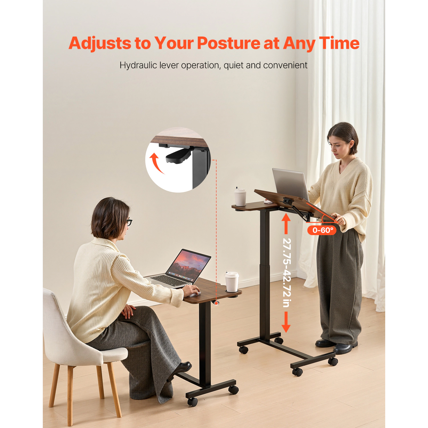 HONGGE Height-Adjustable Overbed Table on Wheels, Tilting Rolling Laptop Desk with Cup Holder for Bed