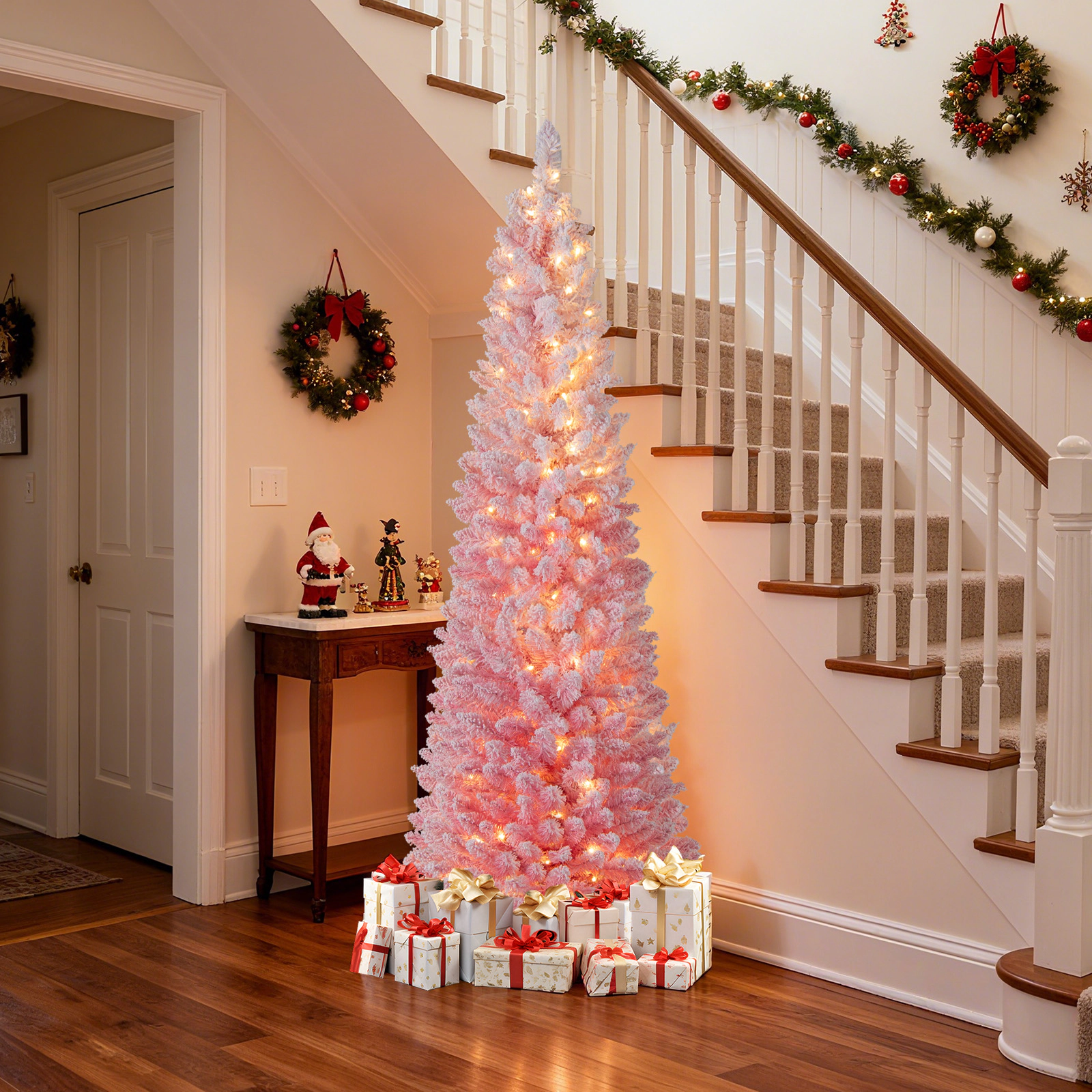 LJG Snow-Flocked Artificial Pink Christmas Tree Pre-Lit Hinged Xmas Tree for Holiday Decoration