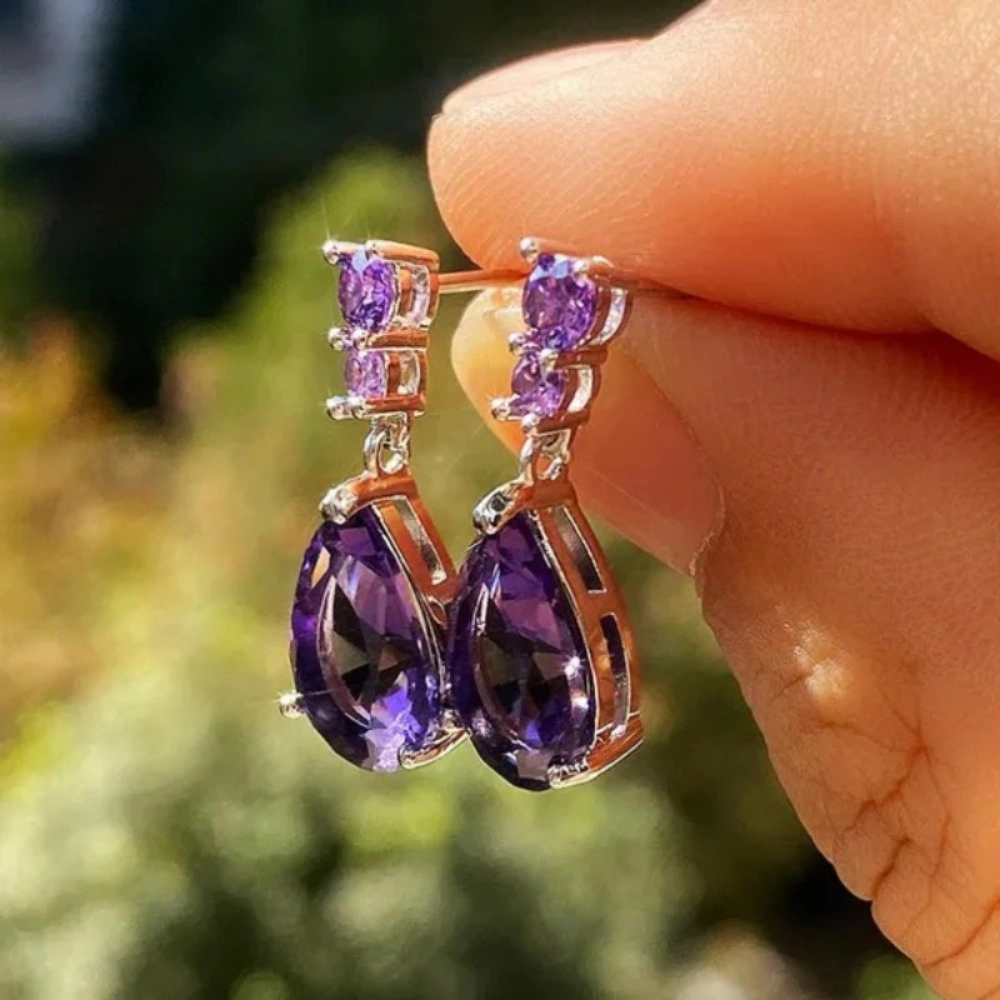 White Gold Plated Waterdrop Purple Cubic Zirconia Dangle Earring