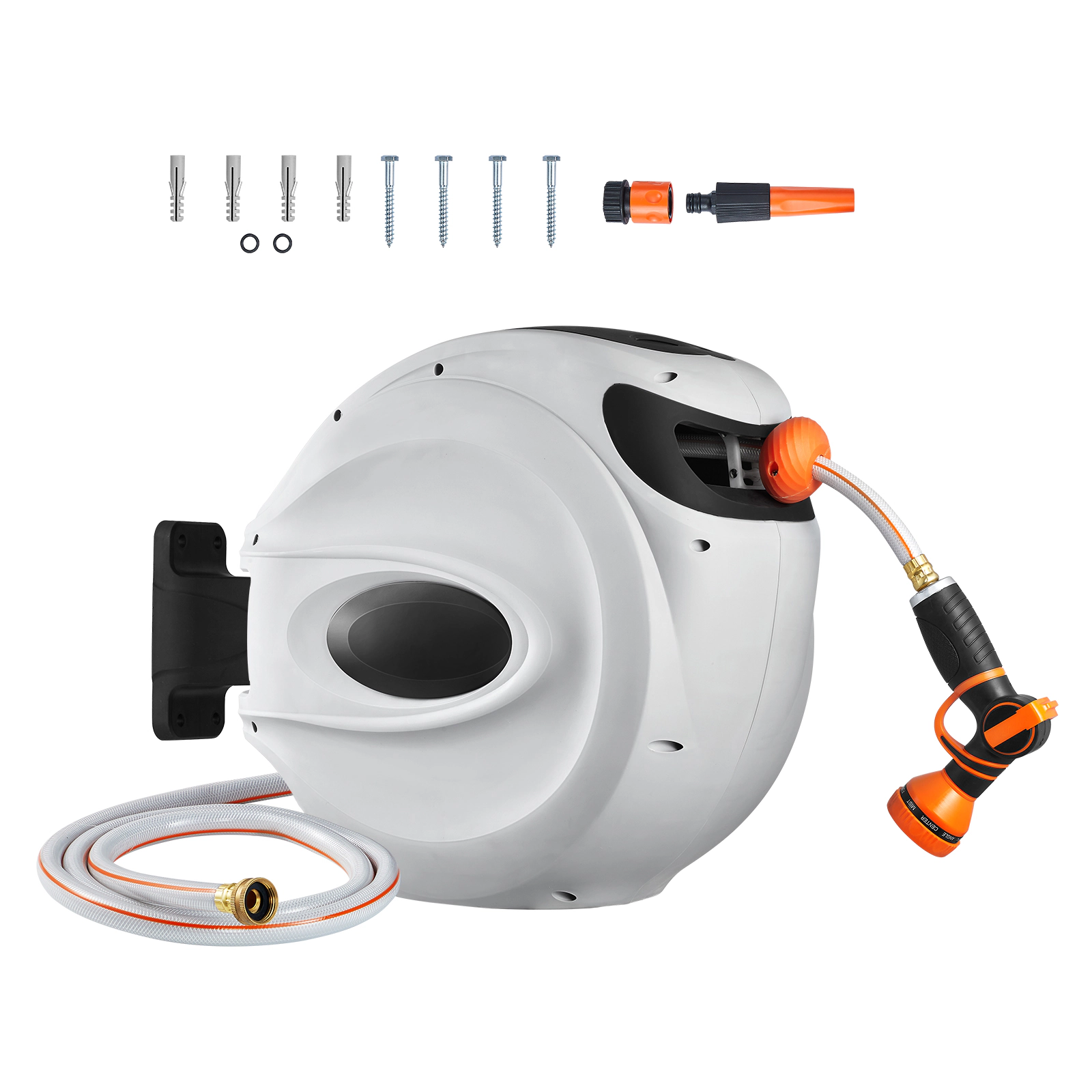 HONGGE Retractable Garden Hose Reel, 5/8 in x 65 ft, Wall-Mounted, Auto Rewind, 9-Pattern Nozzle, 180 Swivel Bracket