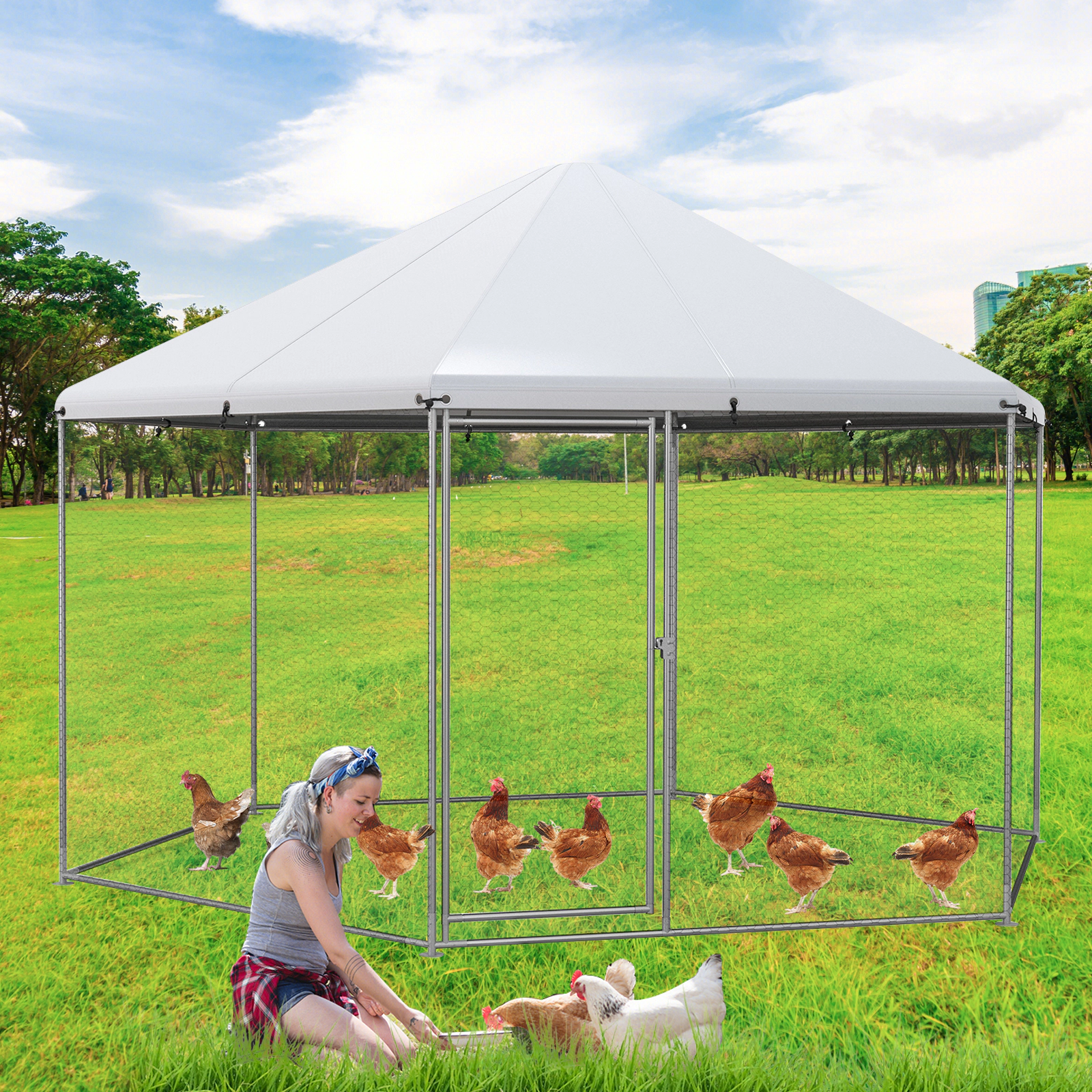 SUGIFT 13-ft Silver Hexagonal Walk-in Chicken Coop Poultry Cage with Oxford Cover and Wire Mesh