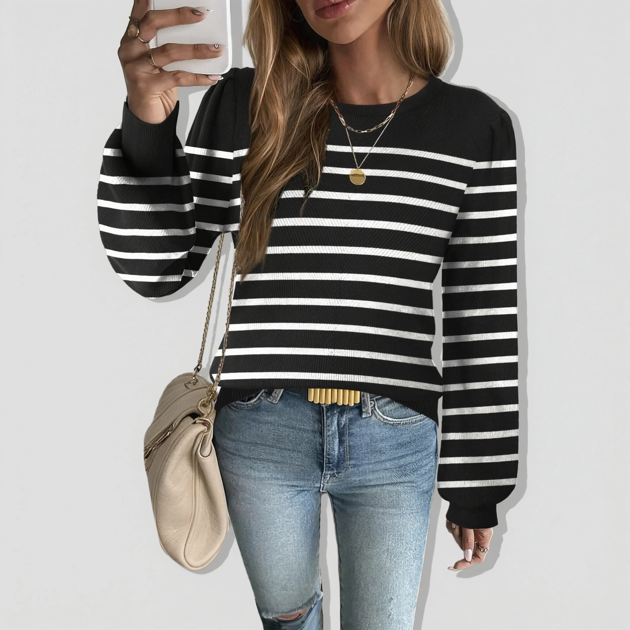 Zeagoo Women's Puff Long Sleeve Ribbed Knit Pullover