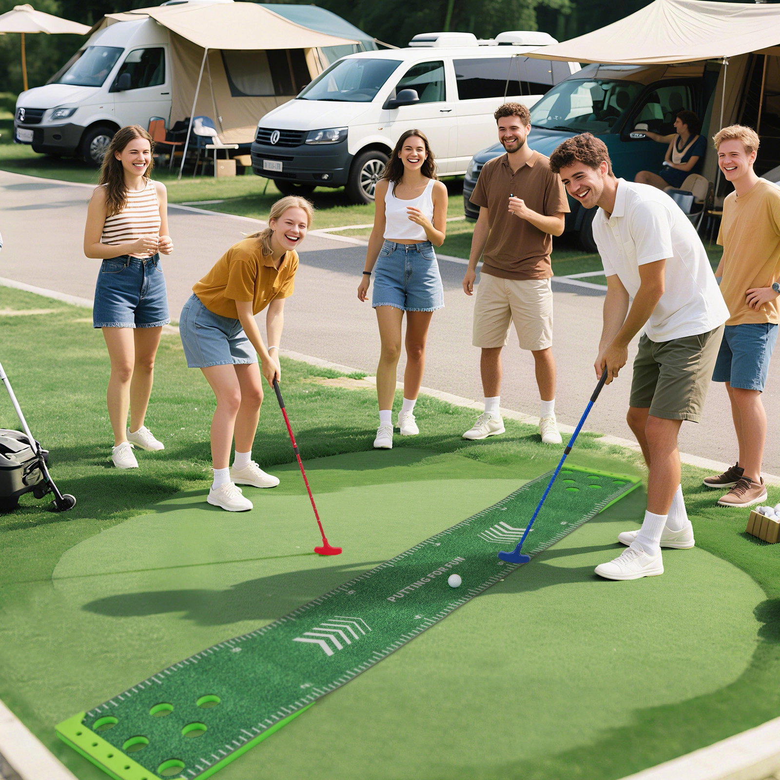 11-ft Putting Green Mat Set 2 Adjustable Putters 6 Balls Ball Holders Carry Bag Kids and Adults Mini Golf