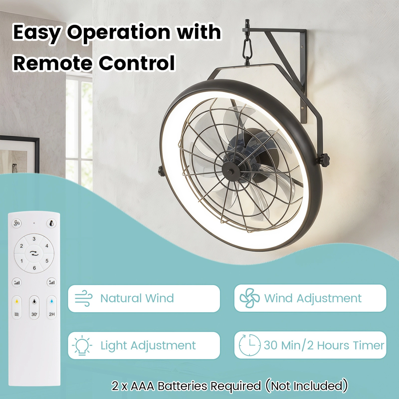 SUGIFT 20-in Black Wall Mounted Fan with Dimmable LED Light Adjustable Tilt and 6 Wind Speeds 269-Sq-Ft Coverage