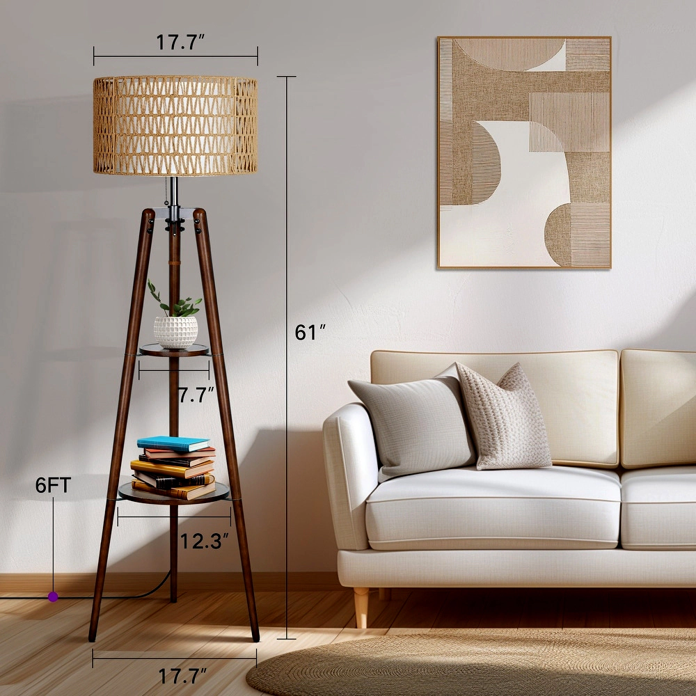 Mega Casa 61'' Tall Tripod Floor Lamp with 2-Tier Shelves, Standing Light with Rattan Shade, Corner Shelf Lamp