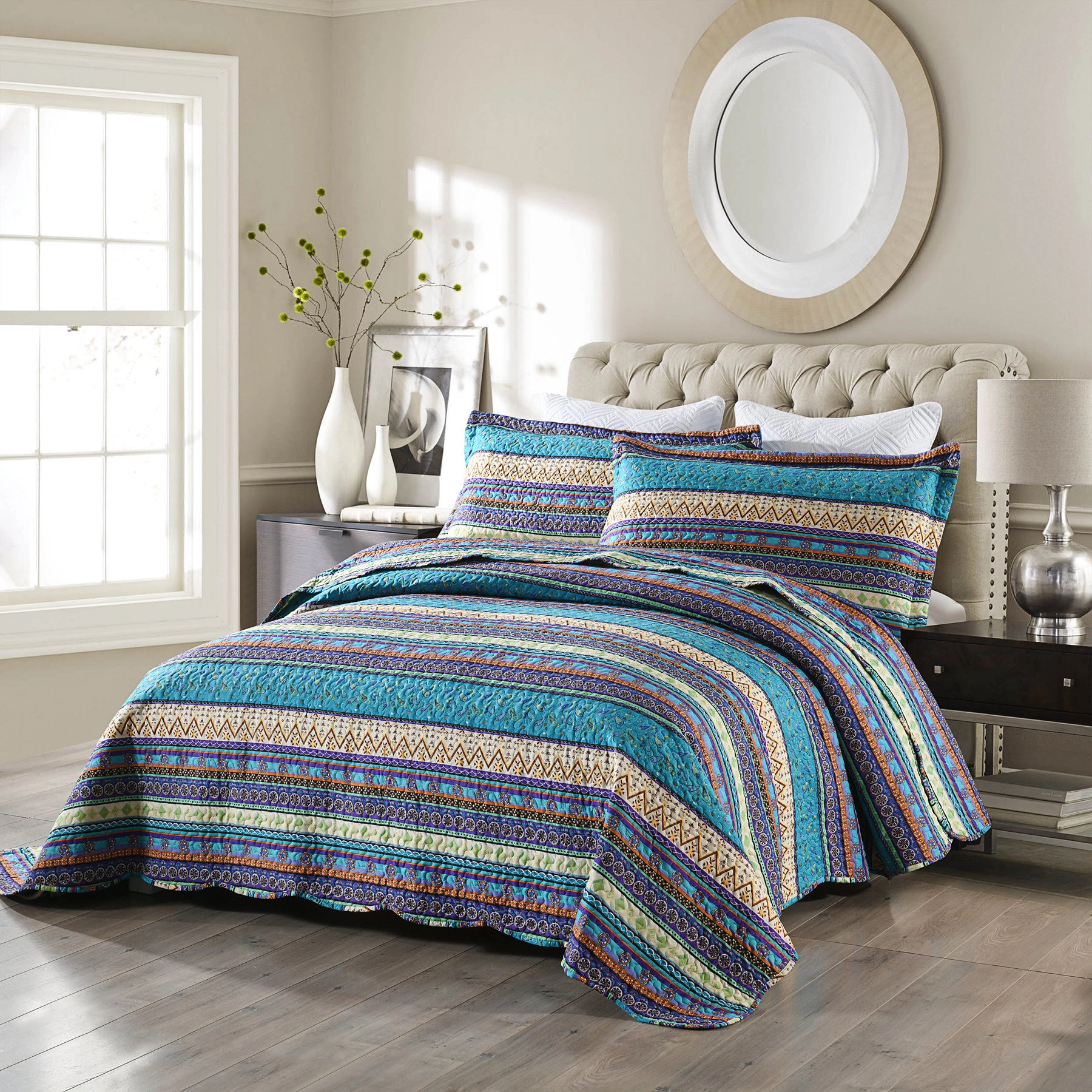 MarCielo 3 Piece Boho Quilt Bedspread Set, Tribal Striped Coverlet with 2 Pillowshams