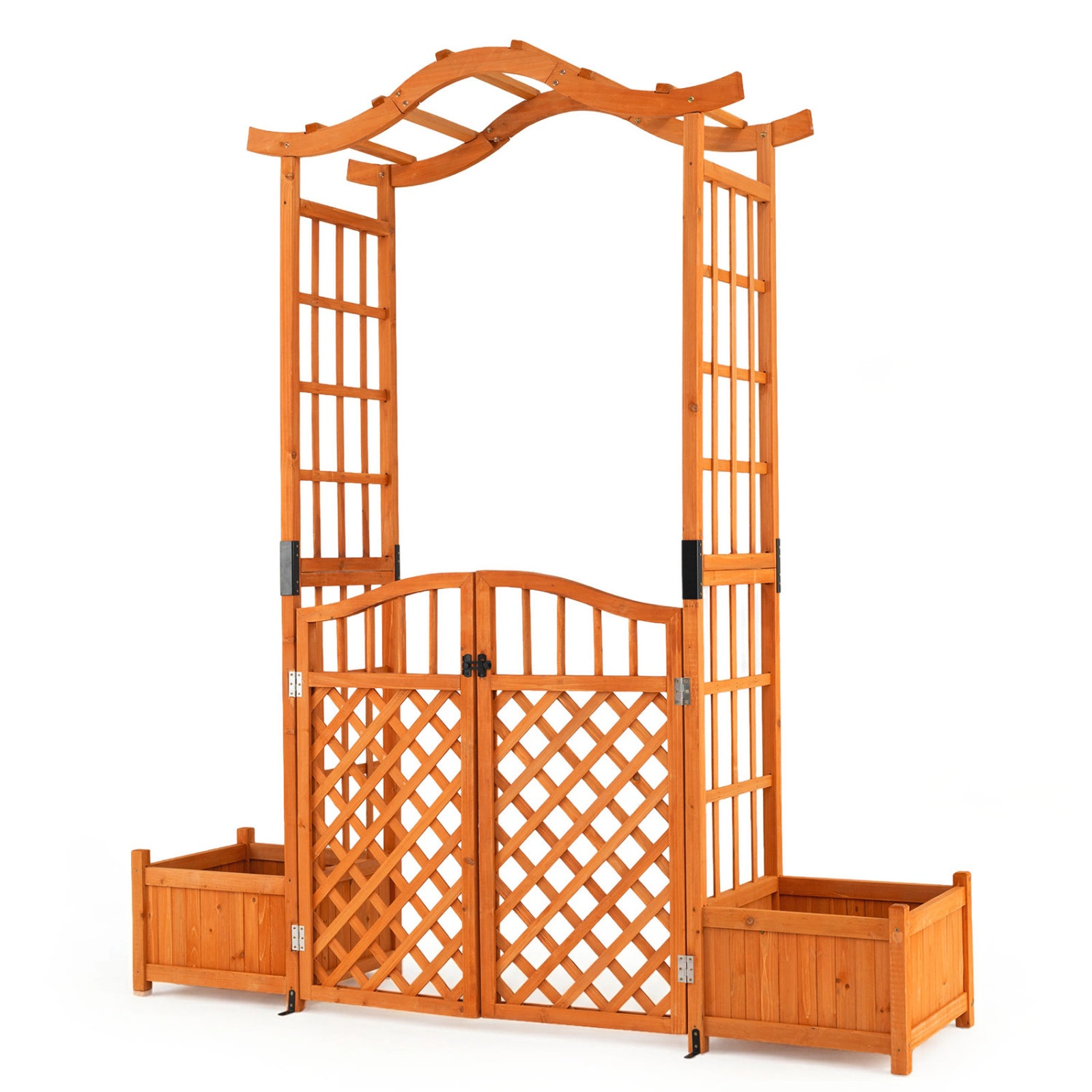 SUGIFT Yellow Wooden Garden Arbor with Gate and 2 Planter Boxes 73-in W 18-in D 83-in H 66-lb Per Planter Box