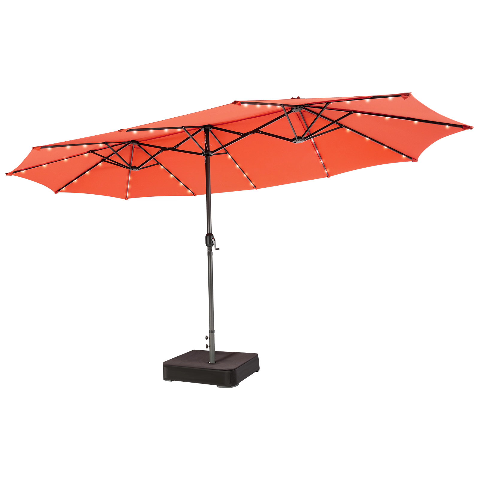 SUGIFT 15.4-ft Double-Sided Patio Umbrella with 48 Solar LED Lights & Sand-Ready Base Outdoor Garden Market Style Orange