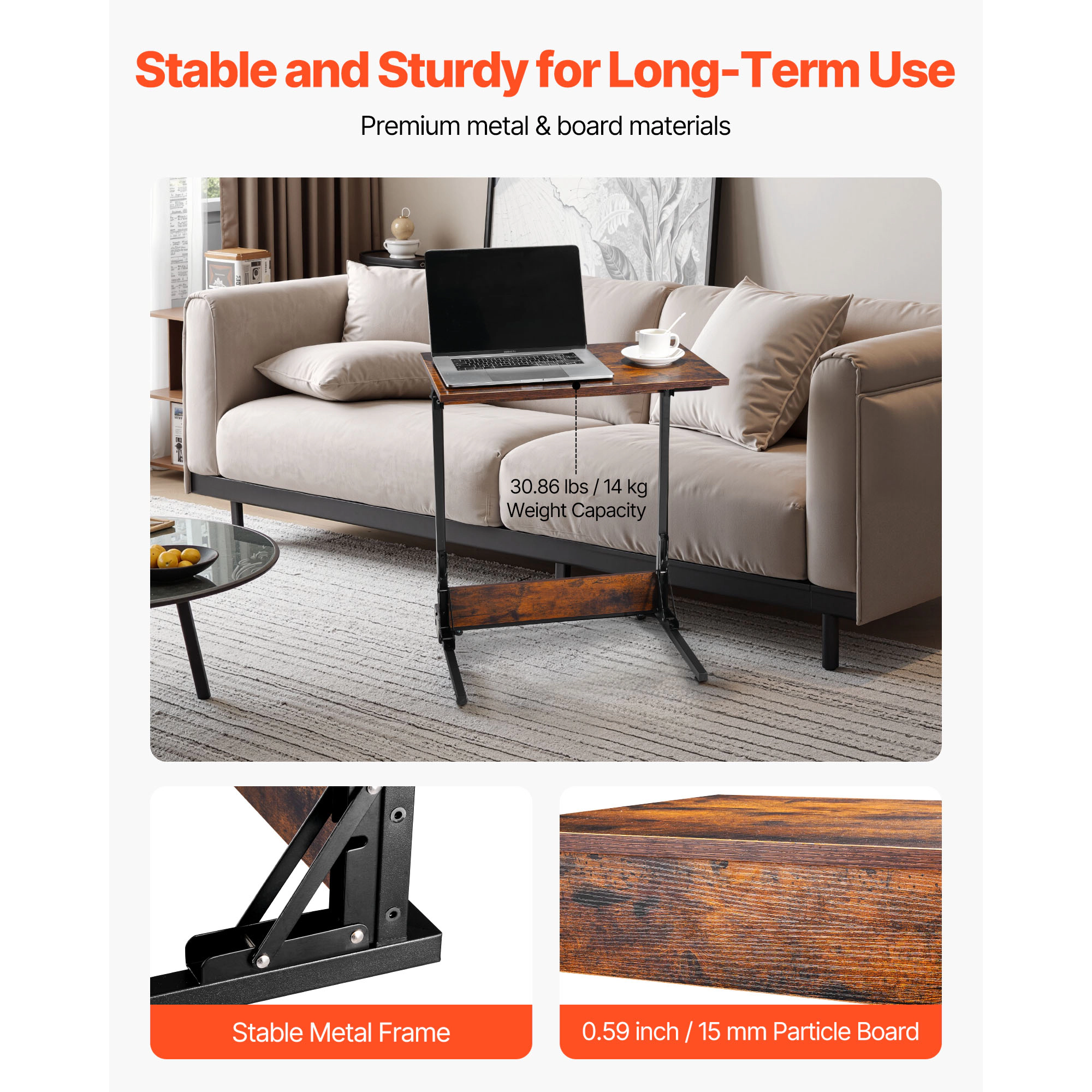 HONGGE Foldable C-Shaped End Table with Iron Frame and Adjustable Feet, 23.62 x 14.57 x 27.56 Inches