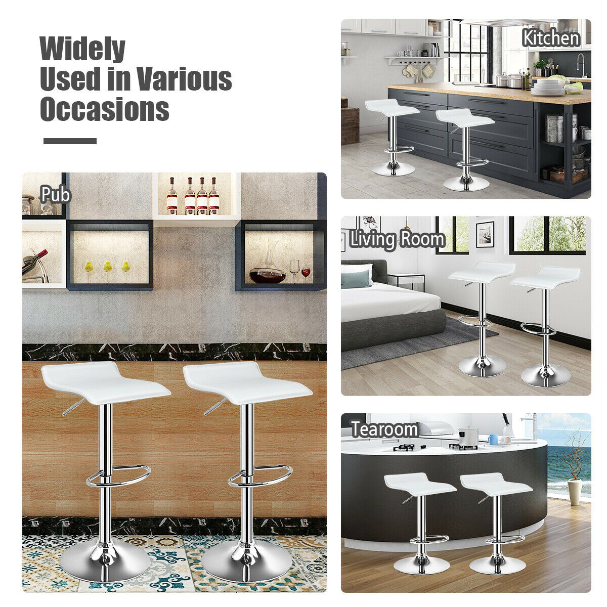 SUGIFT Adjustable PU Leather Backless Swivel Bar Stools Set of 2 264-lb Capacity White