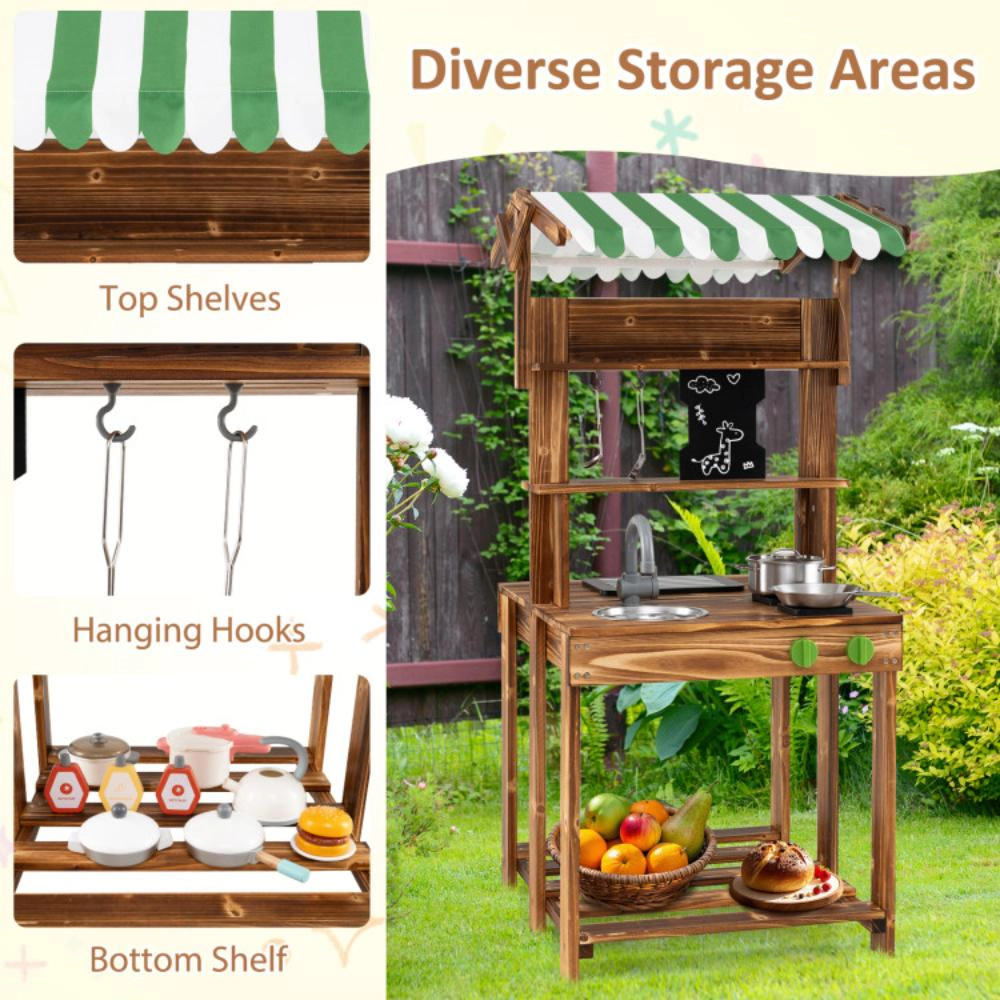 Hivvago Double-Sided Mud Kitchen with Canopy and Chalkboard for 3+ Years Old-Natural