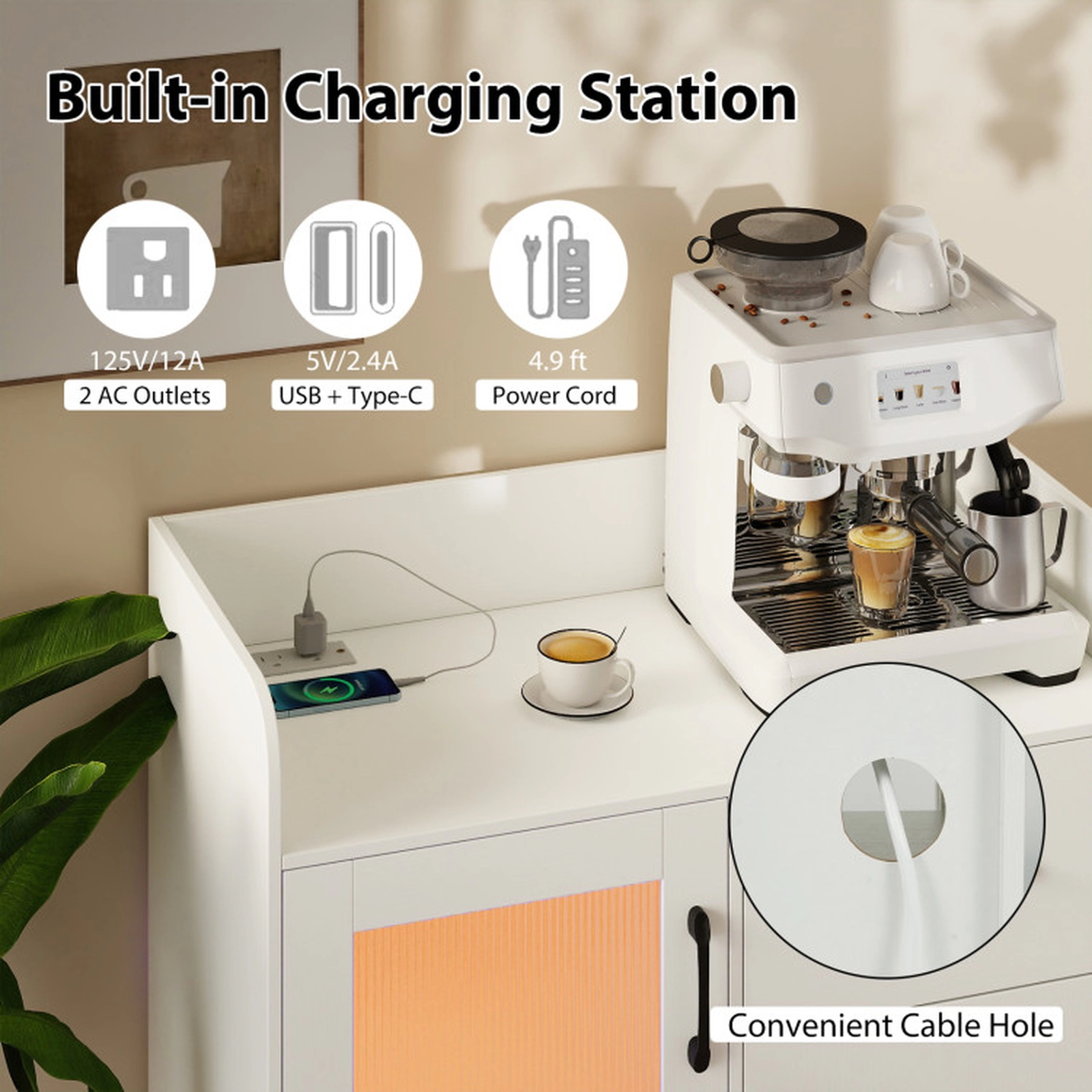 SUGIFT 31.5-in 110-lb Top White LED Buffet Sideboard with Charging Station Drawer and Translucent Fluted Door