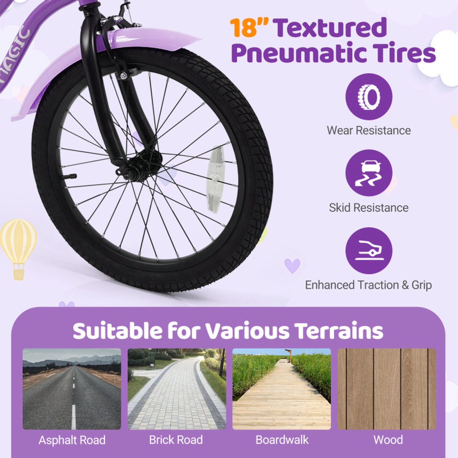 SUGIFT Purple Training Wheels Removable Front Basket Mudguards and Bell Kids 18 Inch Bike