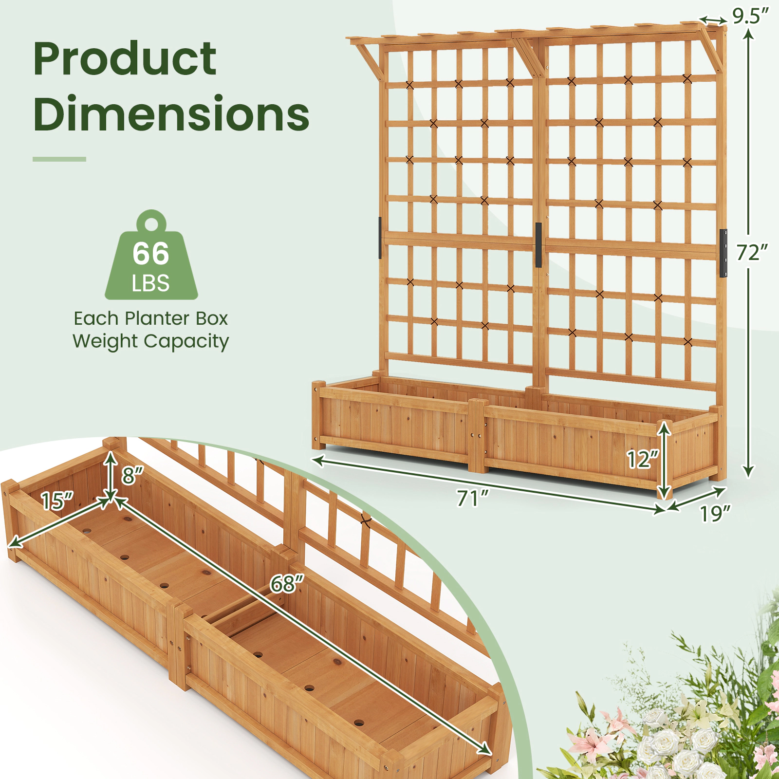 SlickBlue Outdoor Wooden Planter Box with Dual Trellis for Climbing Plants