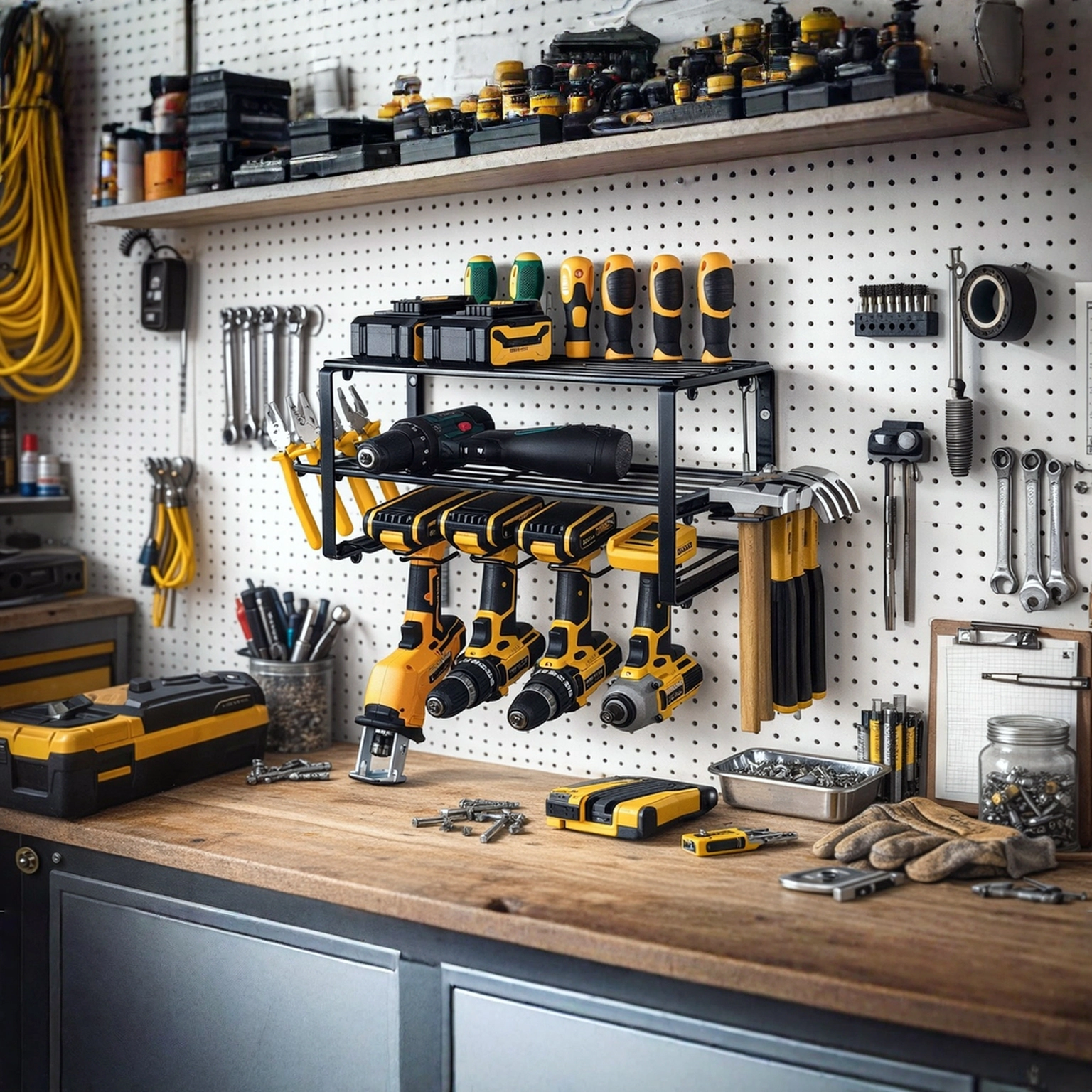 Mega Casa Heavy-Duty Wall-Mount Tool Organizer – 4 Drill Slots, Sturdy Steel Frame