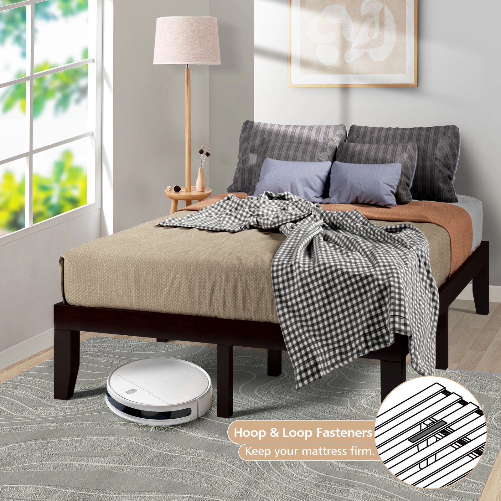 SUGIFT Brown 14 Wood Slats 14 Inch Full Size Solid Wood Platform Bed Frame