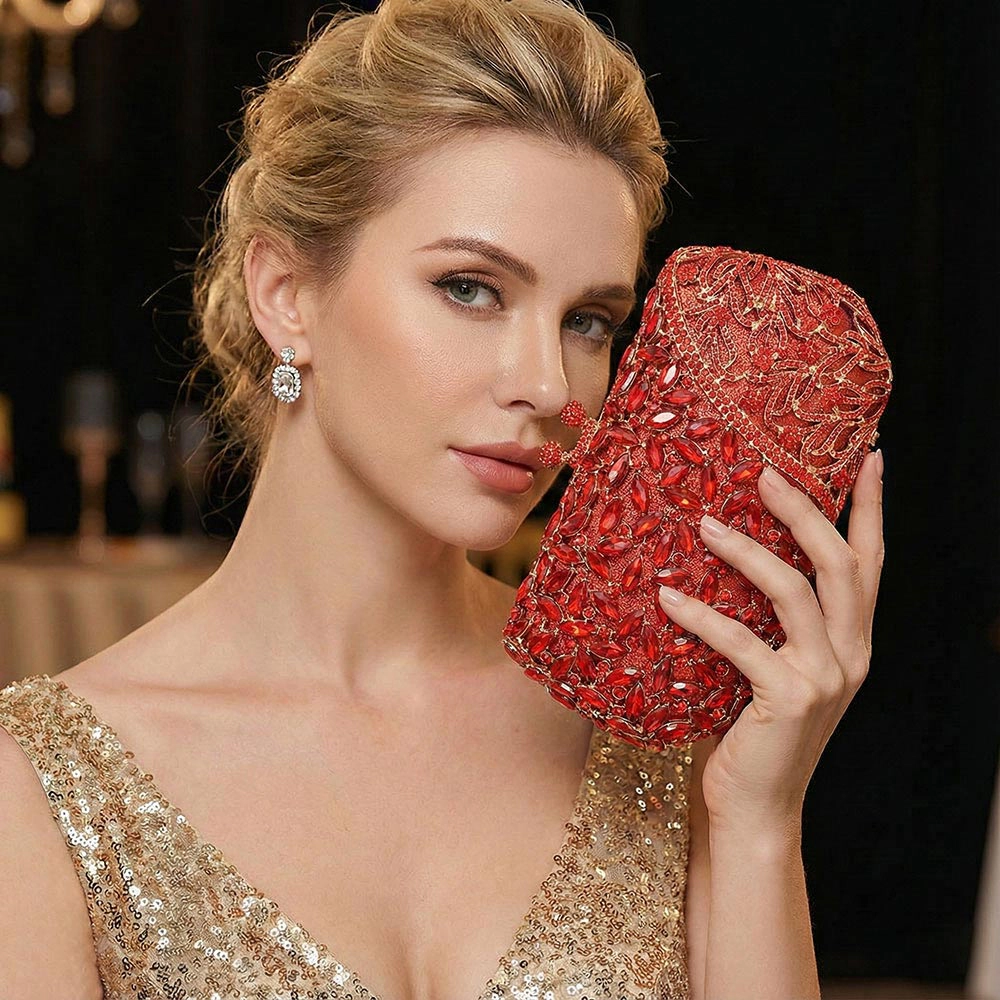 FASHNZFAB Floral Leaf Crystal Frame Evening Clutch Shoulder Bag