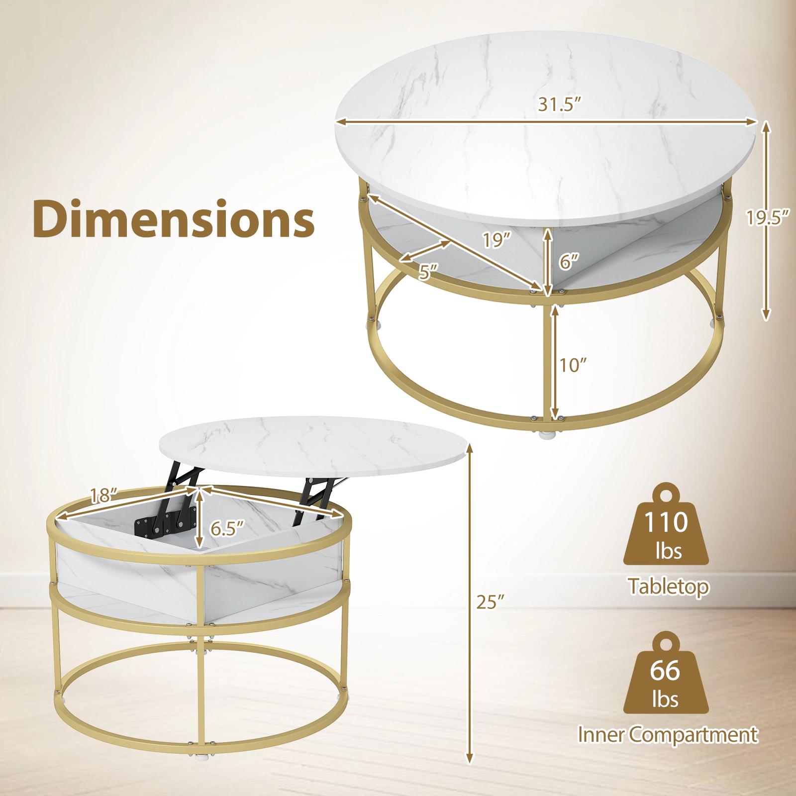 Glintex 31.5-Inch Round Lift-Top Coffee Table with 4 Side Shelves