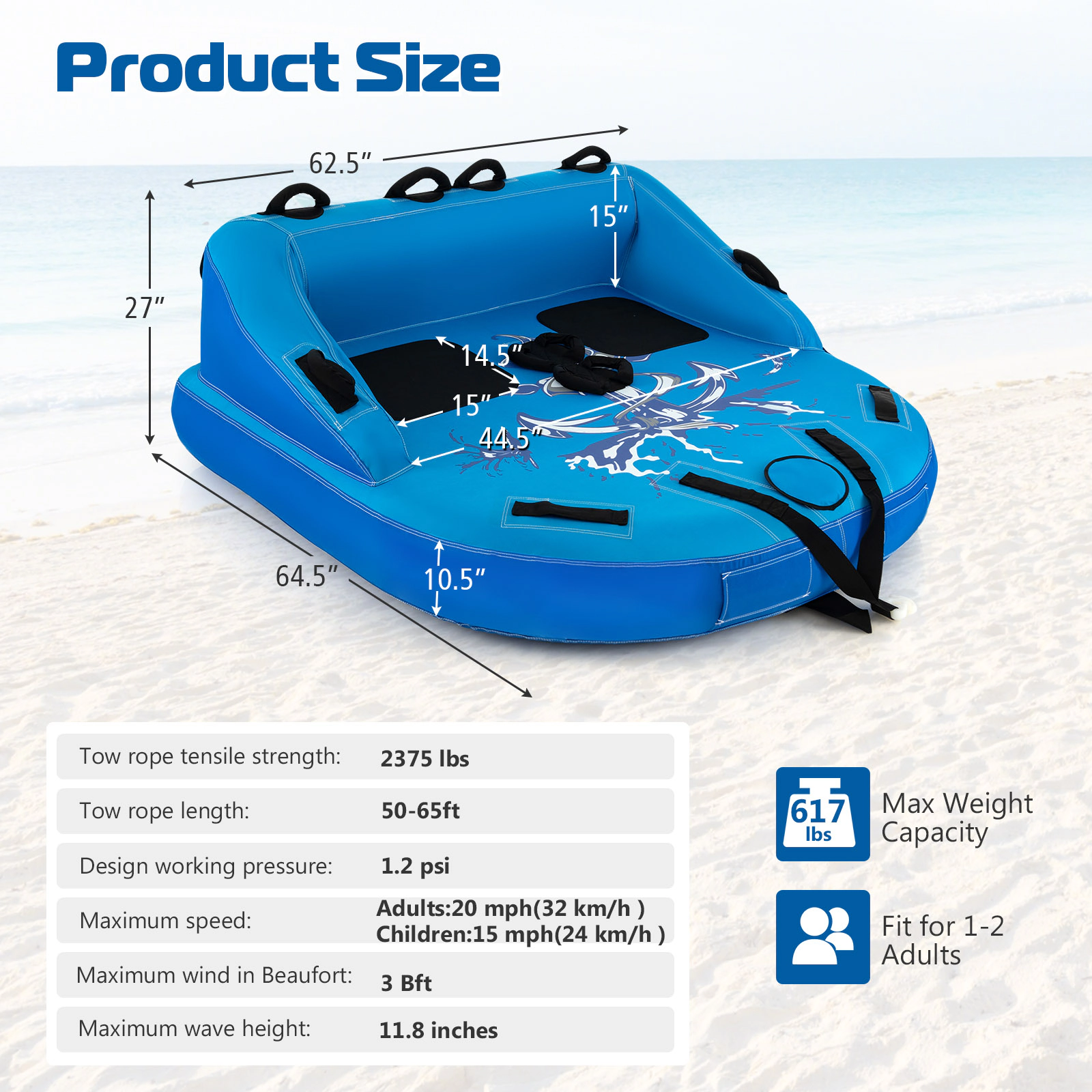 SUGIFT 64-in 340-lb Capacity 2 Person Inflatable Towable Tube with High Backrest EVA Pads and Dual Tow Points