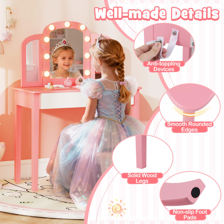 Hivvago 2-In-1 Kids Vanity Table Set With Tri-Folding Detachable Mirror And Lights