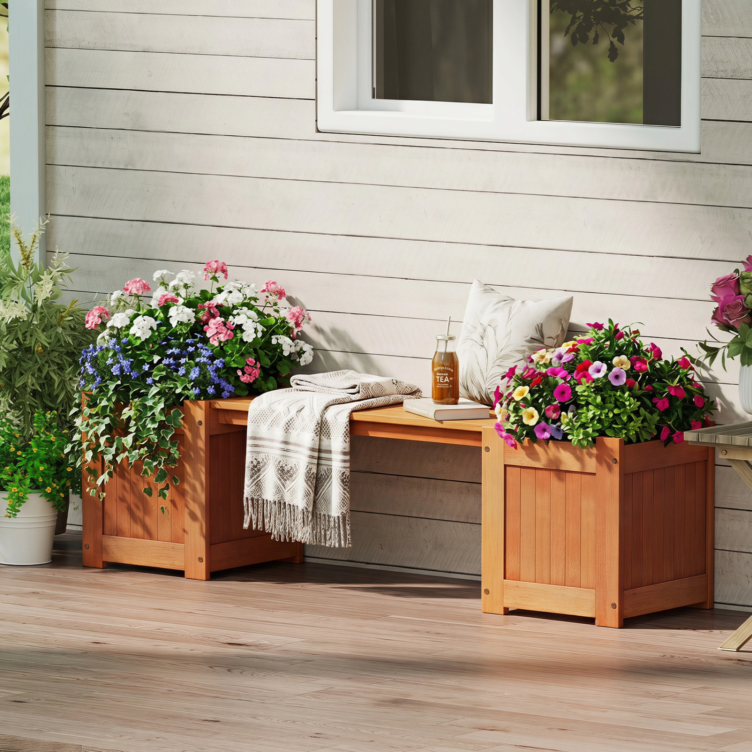 LJG Hardwood Planter Box with Bench Garden Bench with 2 Side Flower Boxes