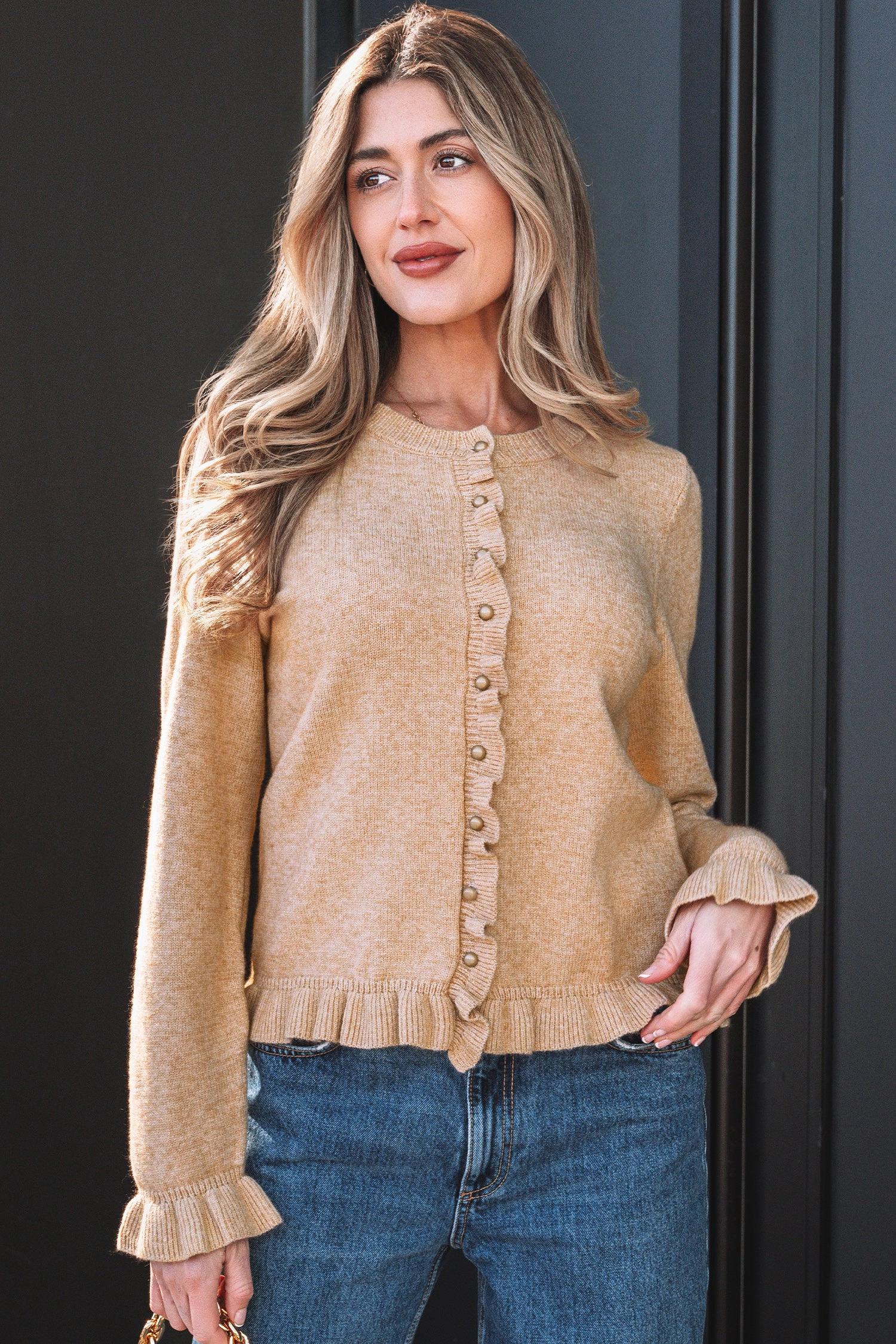 Threaded Pear Women's Yamileth Oatmeal Ruffle Trim Sweater