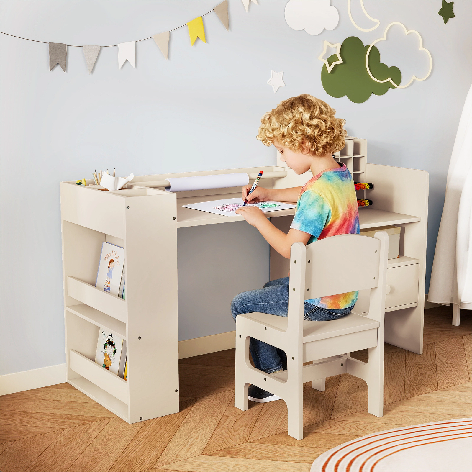 SUGIFT Kids Art Desk and Chair Set, Natural Craft Table with Paper Roll Holder and Removable Storage