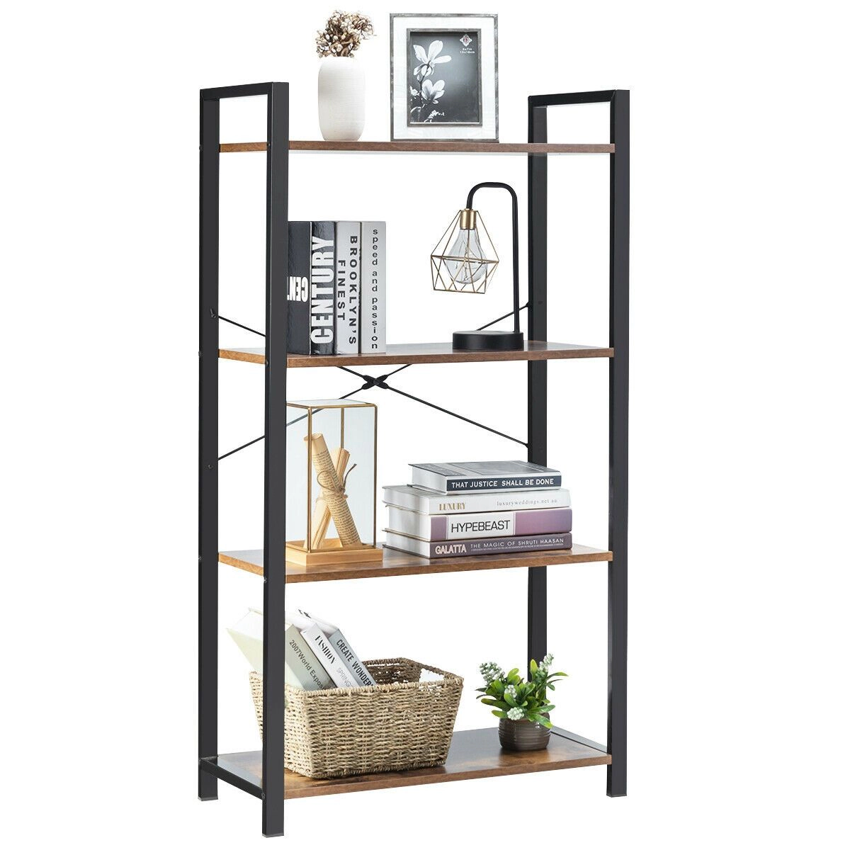 SlickBlue Modern 4-Tier Ladder Shelf with Iron Frame and Storage
