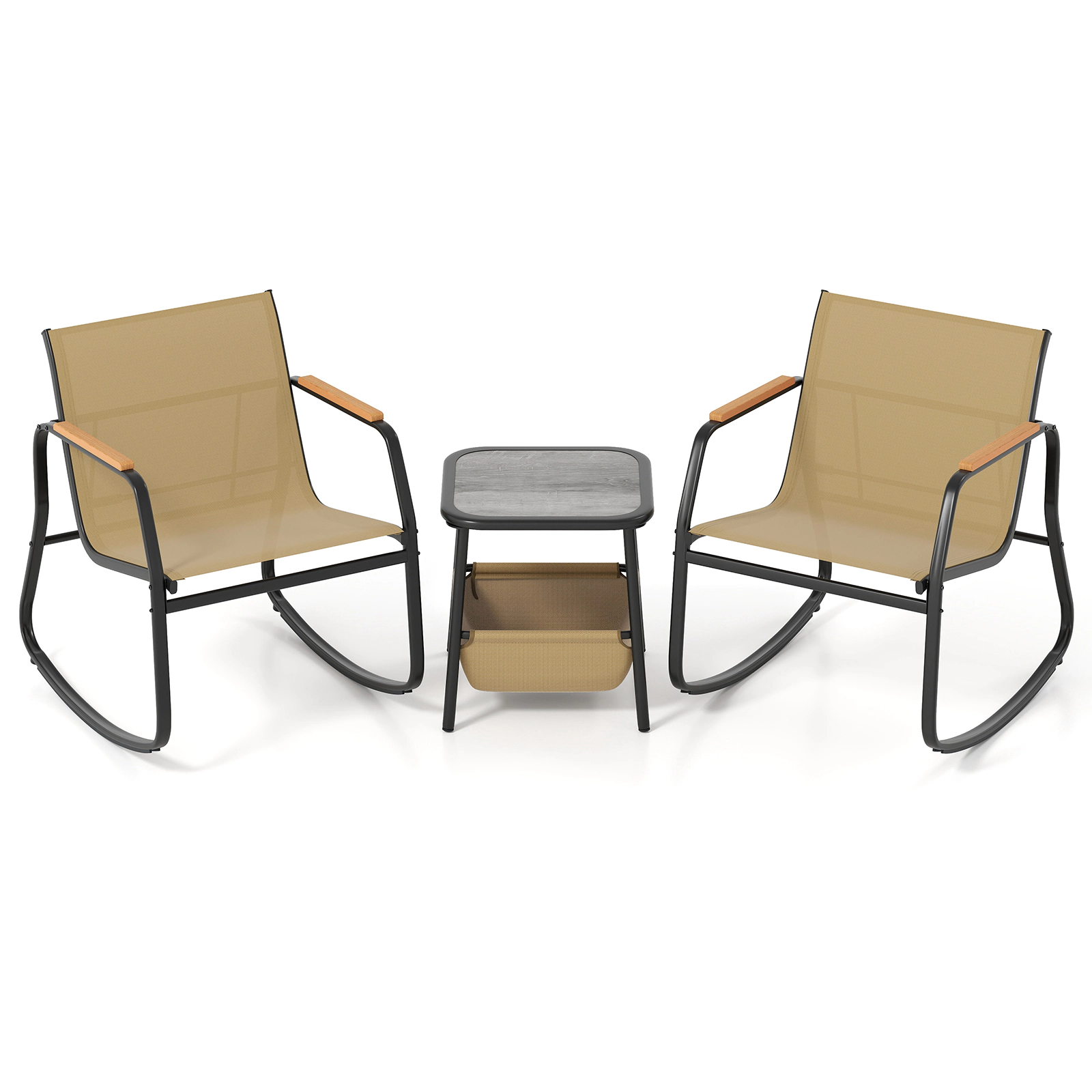 SUGIFT 3-Piece Rocking Bistro Chairs and Side Table Set 330-lb Chair Capacity Black + Brown