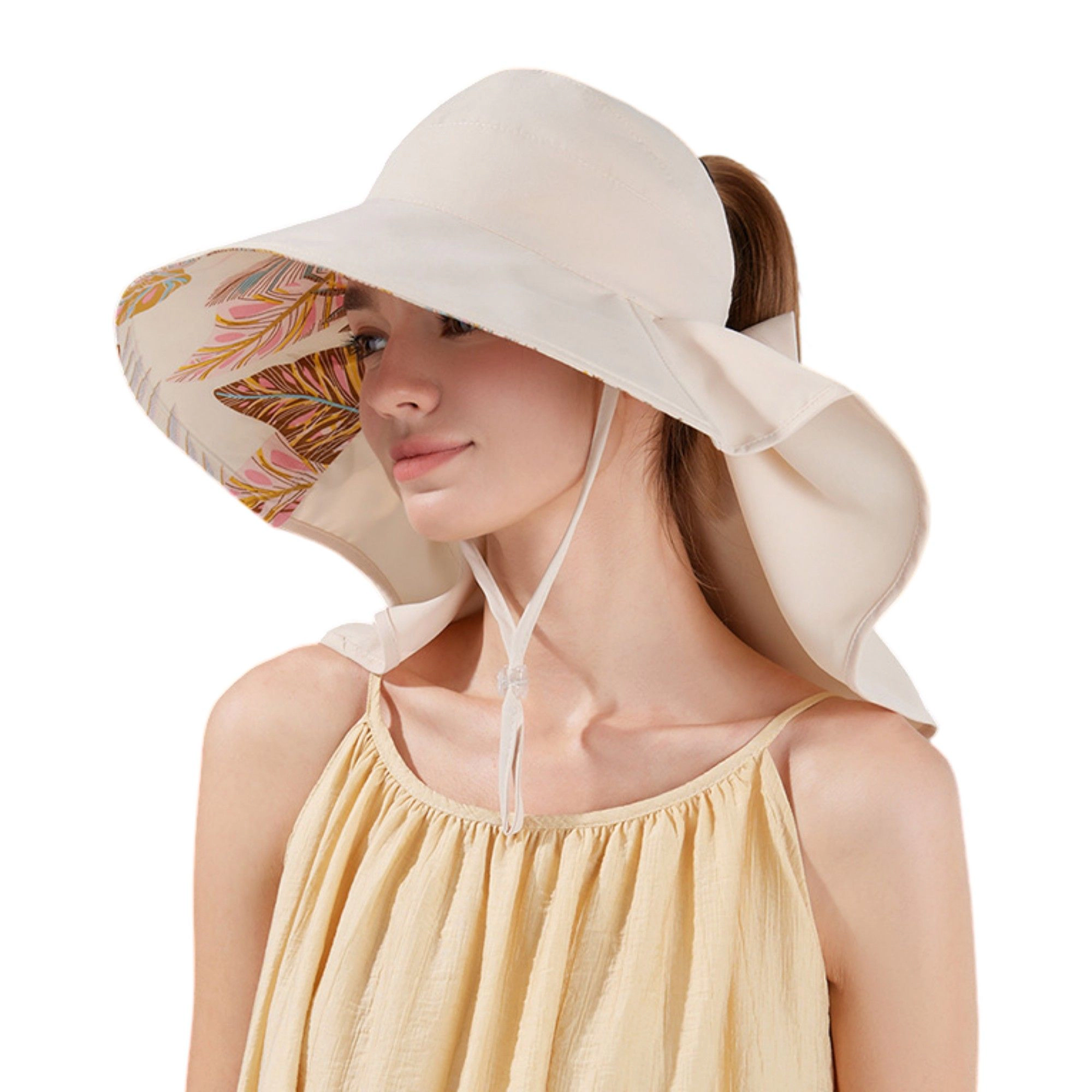 Anna-Kaci Women's Wide Brim Sun Hat with Ponytail Opening Neck Flap Bow Detail UV Protection Summer
