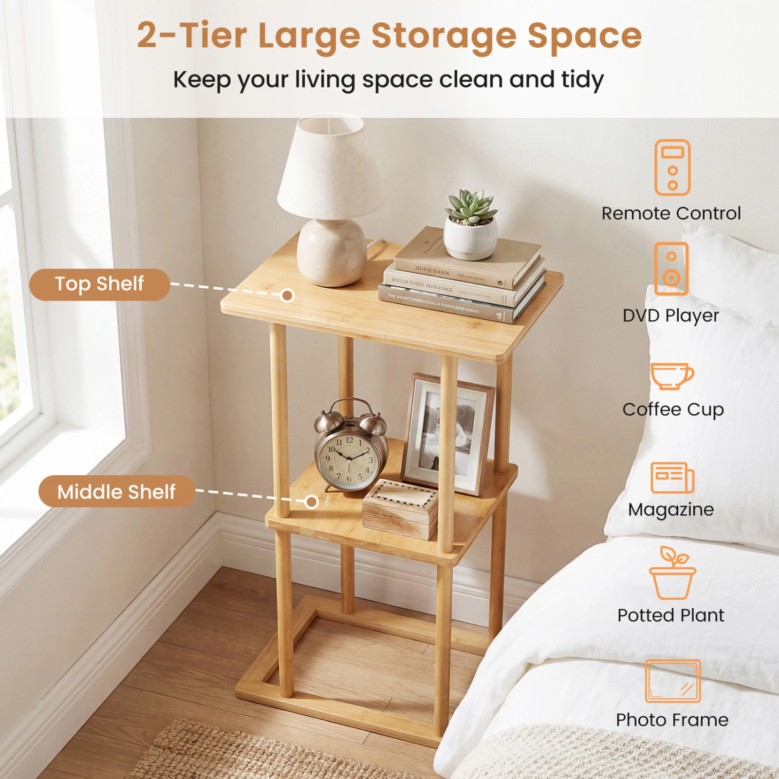 SUGIFT 2-Tier Side Tables with Rectangular Base 22-lb Top Shelf Capacity 13-lb Middle Shelf Capacity Natural