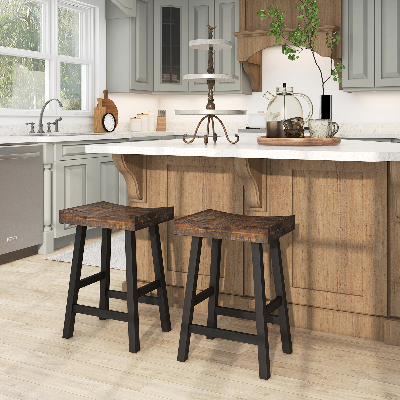 SUGIFT Solid Wood Saddle-Seat Counter Stool Curved Seat Surface 220-lb Capacity 24-in & 29-in Heights with Footrests
