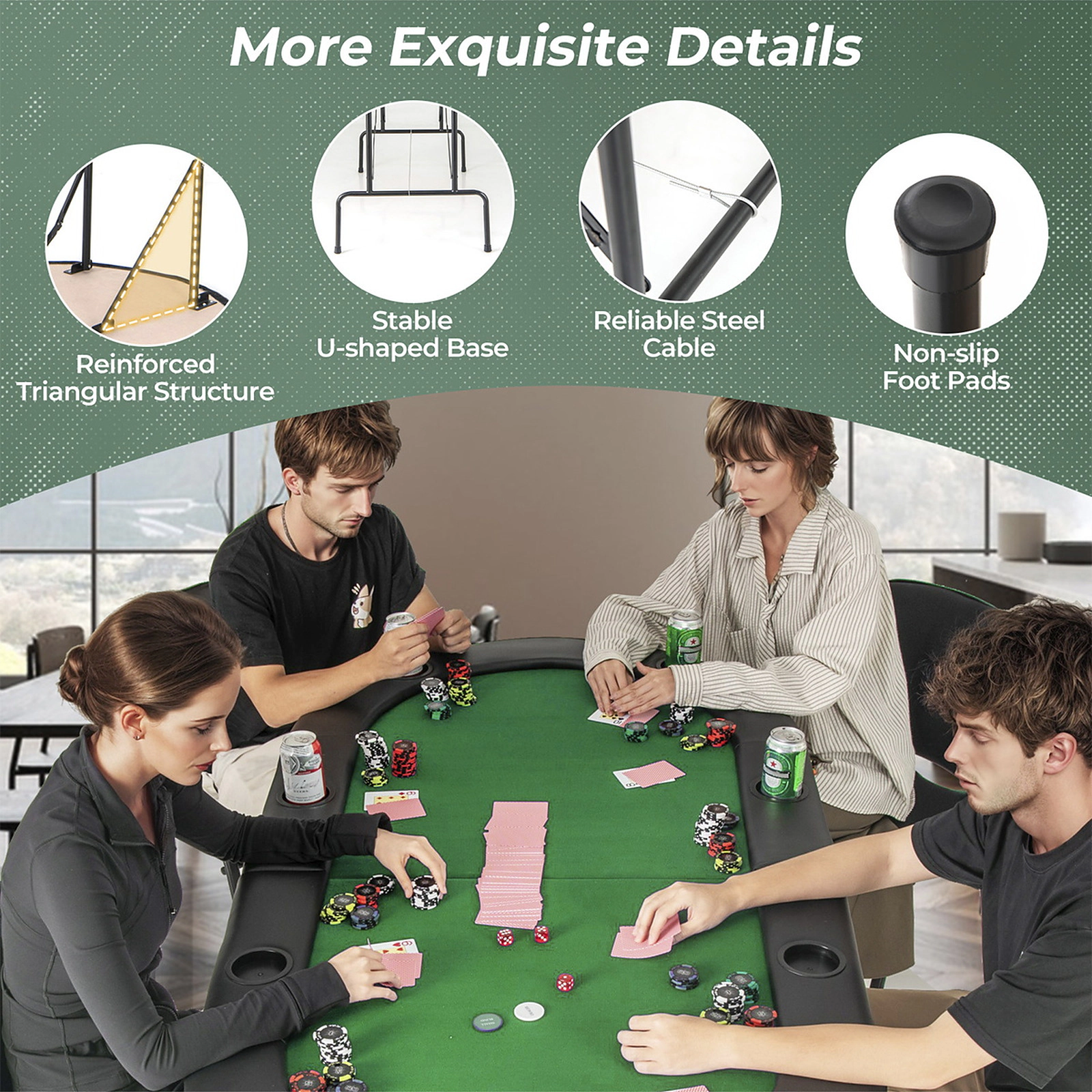 SUGIFT Green 8-Player Foldable Poker Table with 8 Cup Holders and Padded Armrests 72-in W 36-in D 30-in H