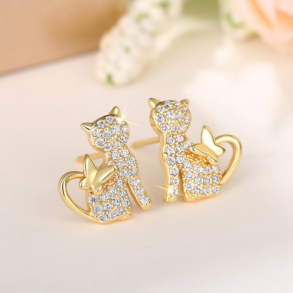 Wardrobe Whimsy Cat And Butterfly Stud Earrings Paved Cubic Zirconia Animal for Women