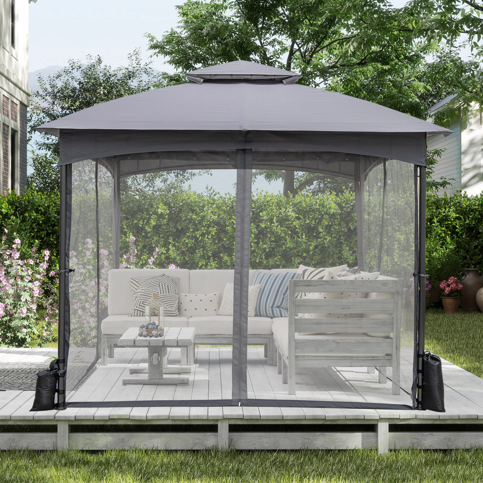SUGIFT 10-ft x 10-ft Gray Patio Gazebo with 4 Removable Netting Walls 4 Sandbags and Ceiling Hook