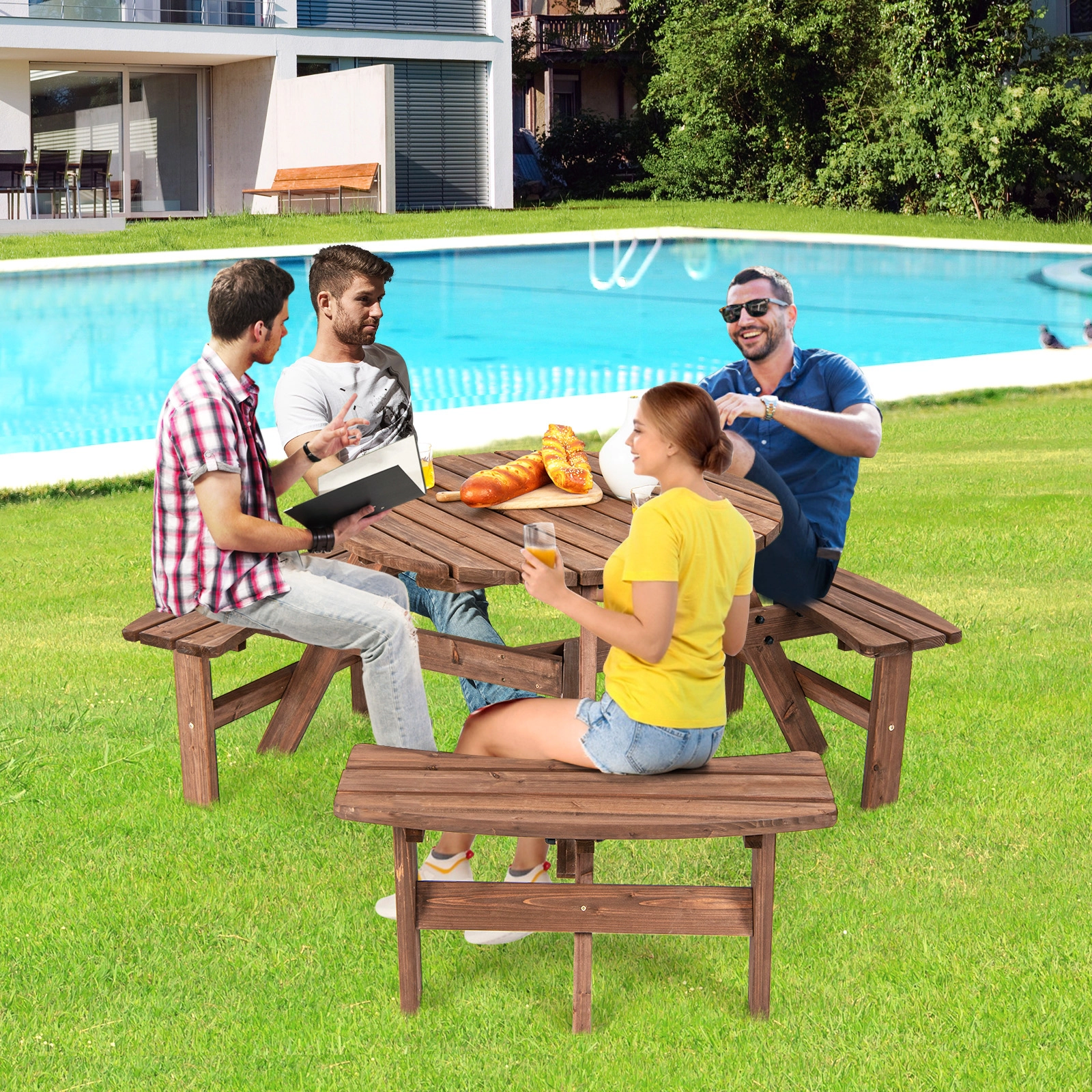 SUGIFT 6-Person Fir Wood Picnic Table Set with Benches and Umbrella Hole 500-Lb Capacity Dark Brown