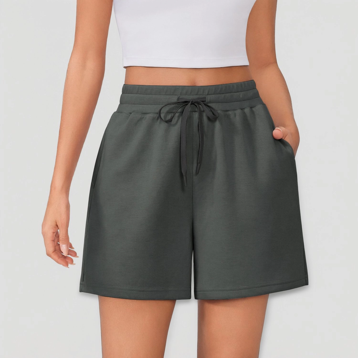 Pinspark Womens High Waist Drawstring Shorts Solid Soft Wide Leg Pockets Lounge Shorts