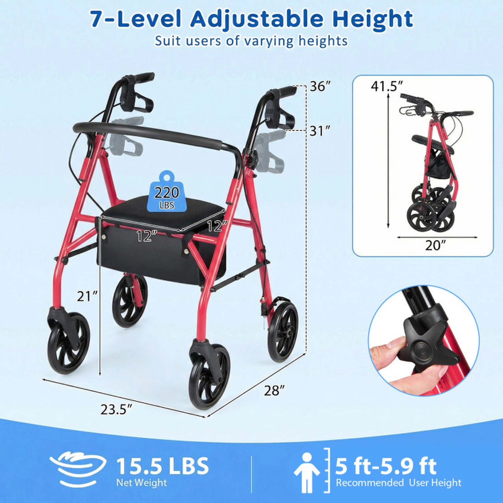 SUGIFT Height Adjustable Rollator Walker Folding Chair with Seat and Storage Bag 220-lb Capacity Red