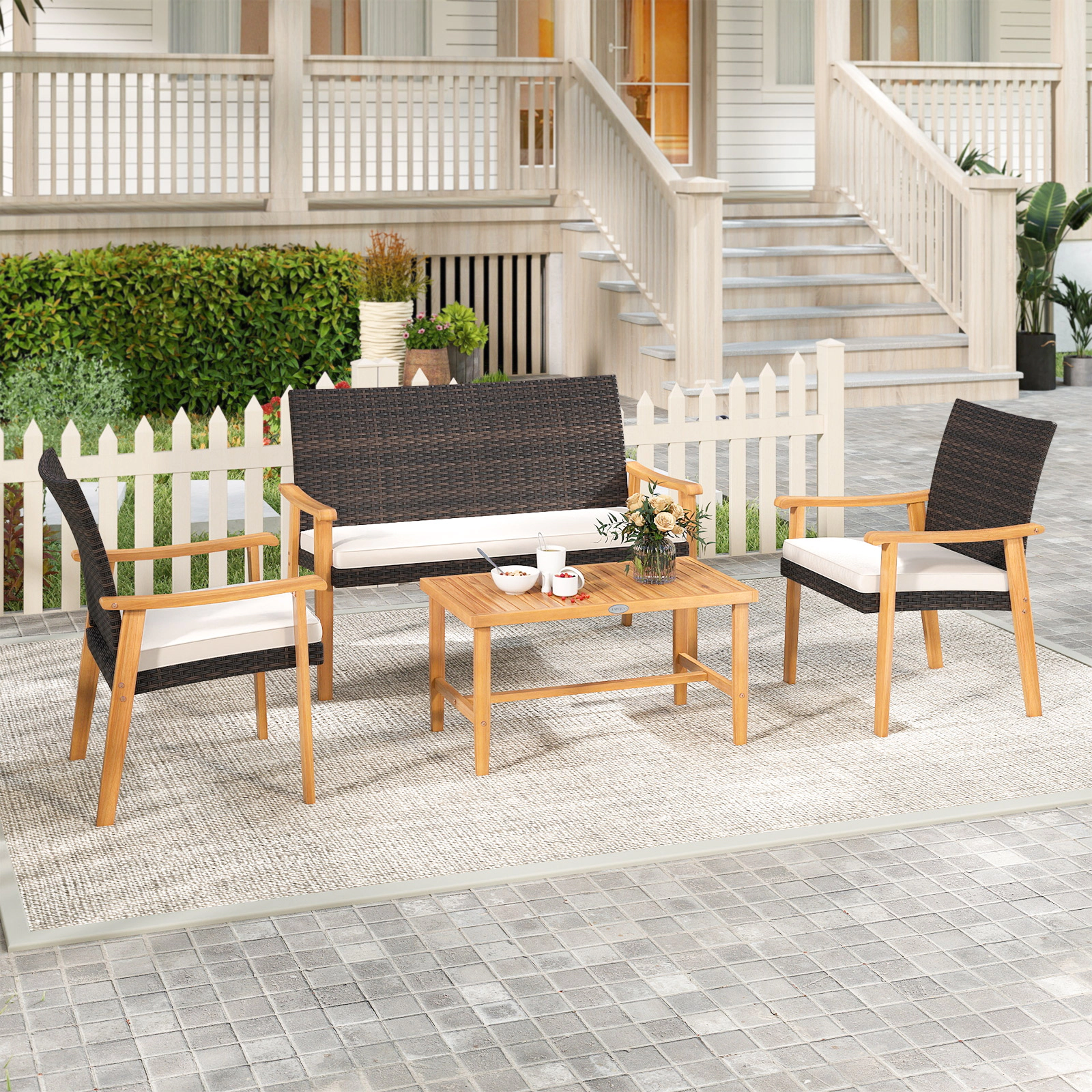 LJG 4 Piece Patio Furniture Set PE Rattan Porch Chairs with Acacia Wood Coffee Table and Soft Cushions